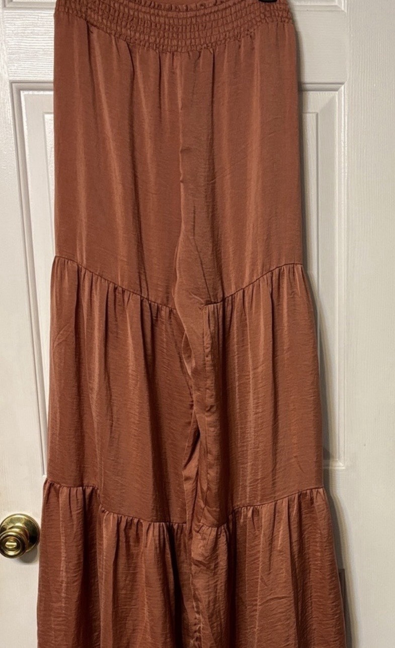 ee:some Women’s Boho Brown Solid Wide-Leg Pants Smocked Tie Ruffle 31″