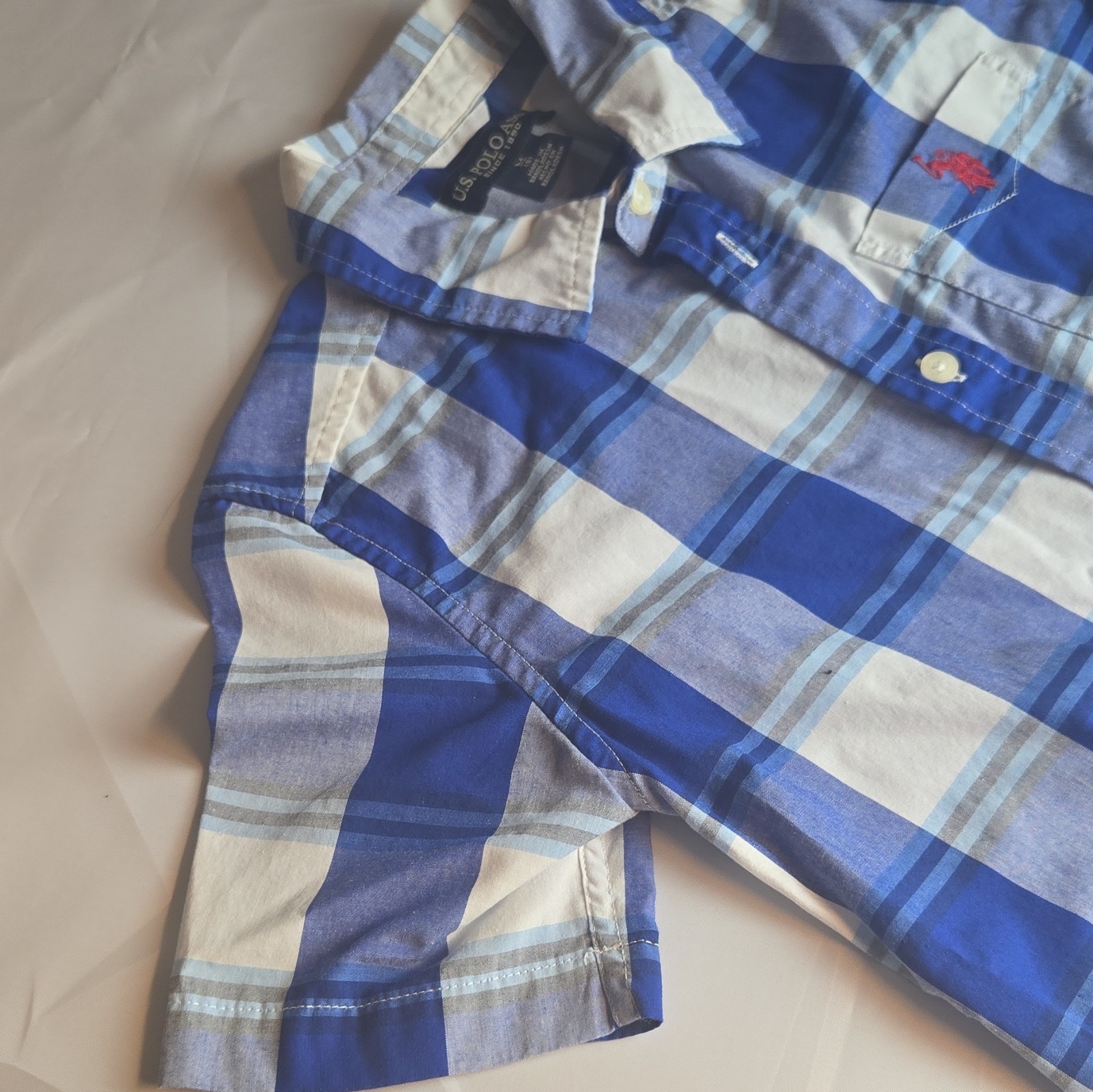 U.S. Polo Assn. Boys M (8) Blue/White Plaid Short Sleeve Collared Button-Up