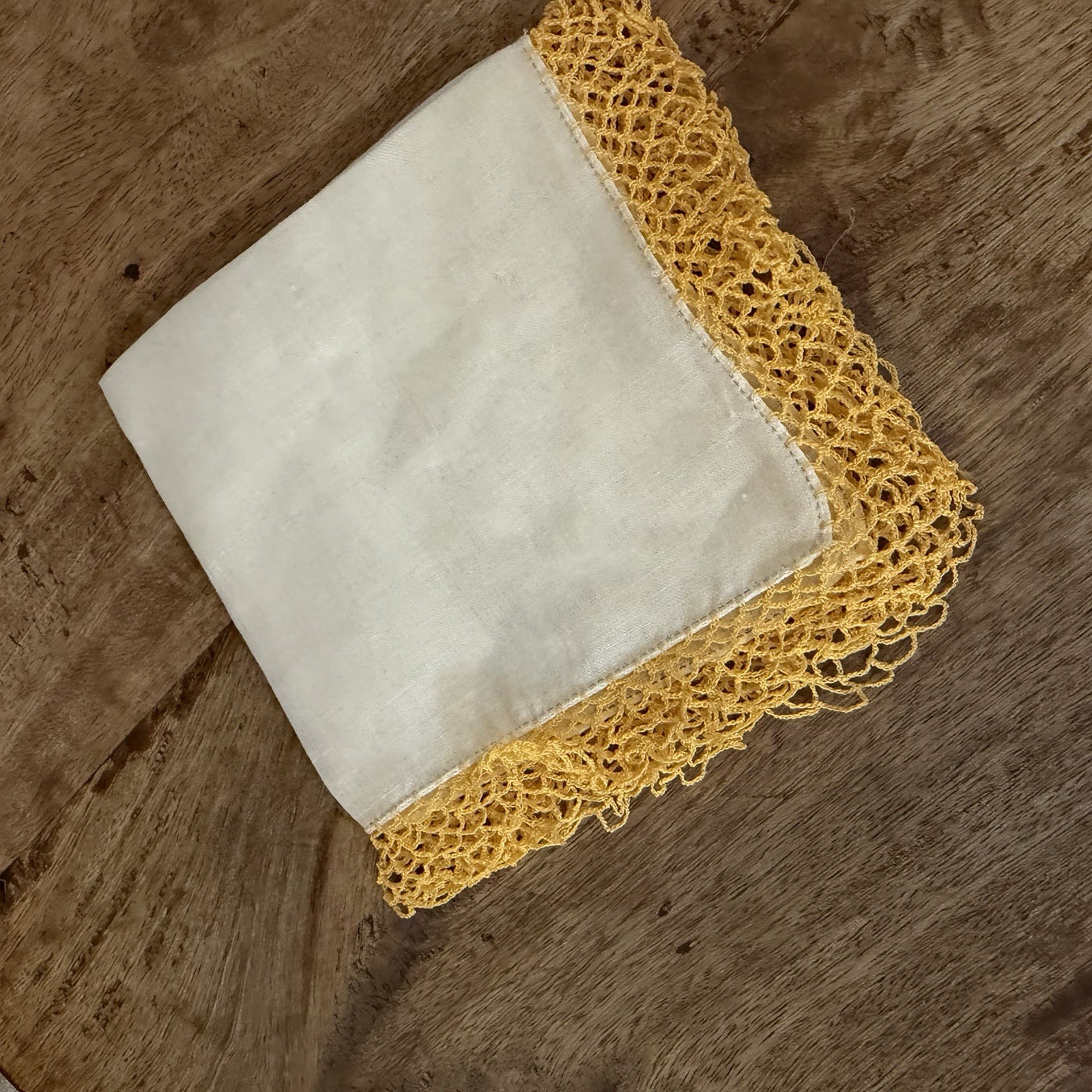 White Linen Handkerchief With Yellow Crochet Tatting 12” X 12”