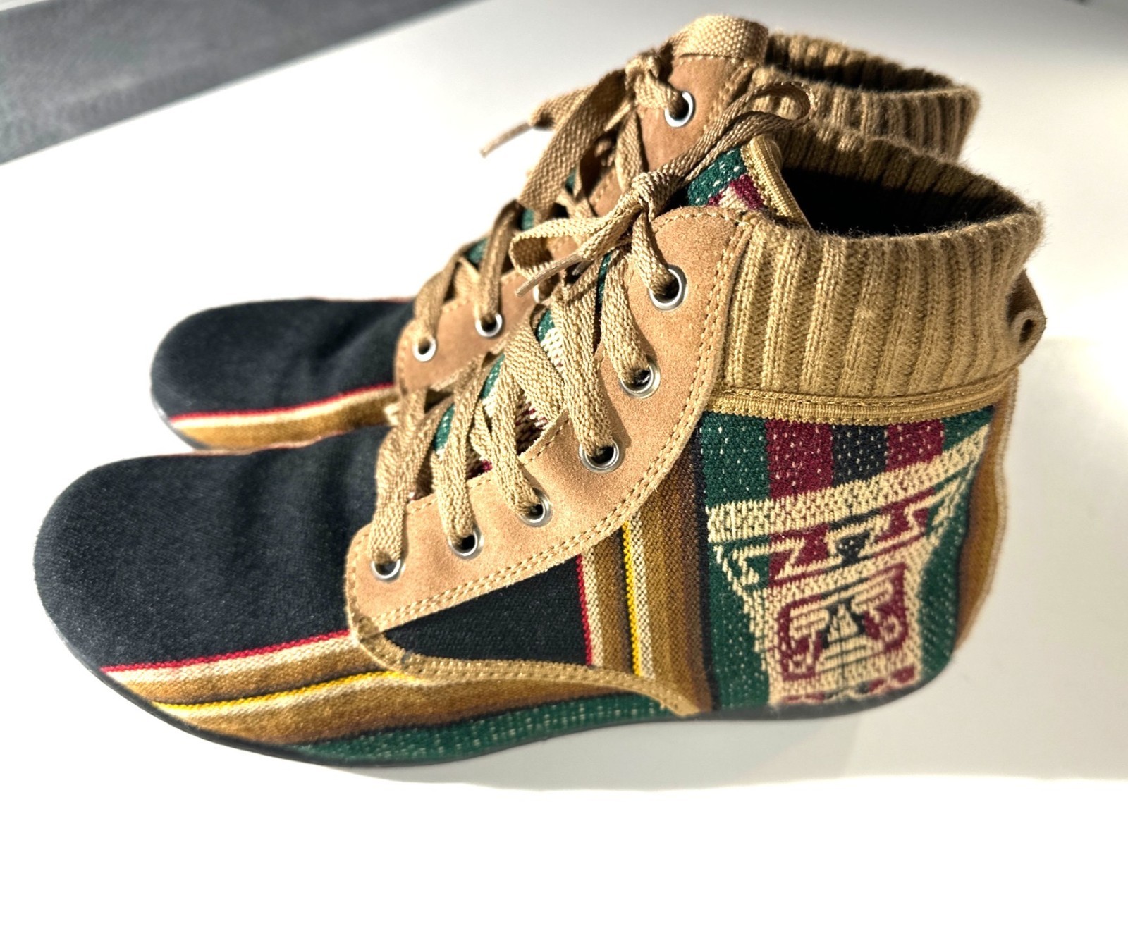 Handmade High-Top Sneakers With Knit Trim & Ethnic Woven Design