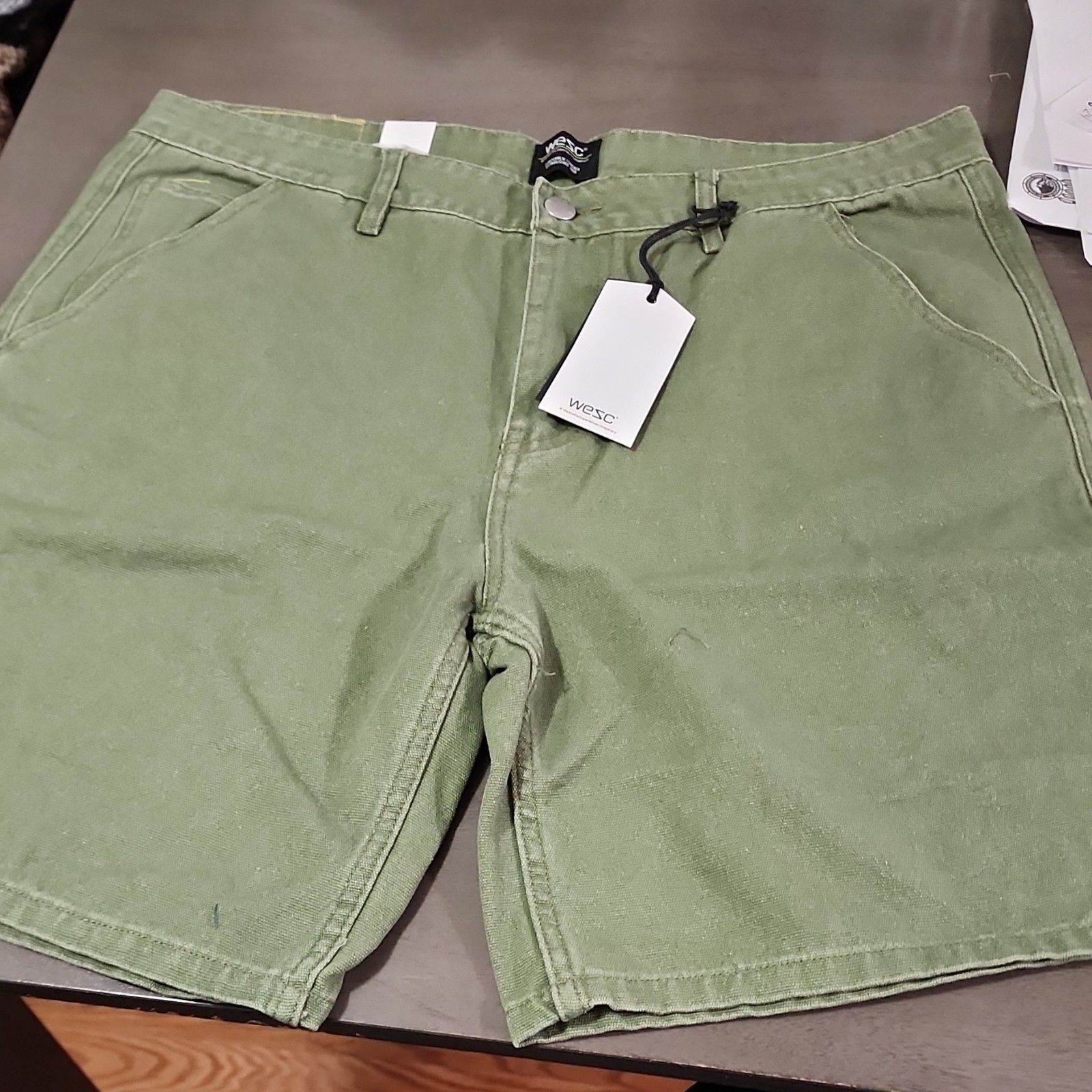WeSC Carpenter Shorts Olive Button Closure Flat Front Cargo Pockets Men