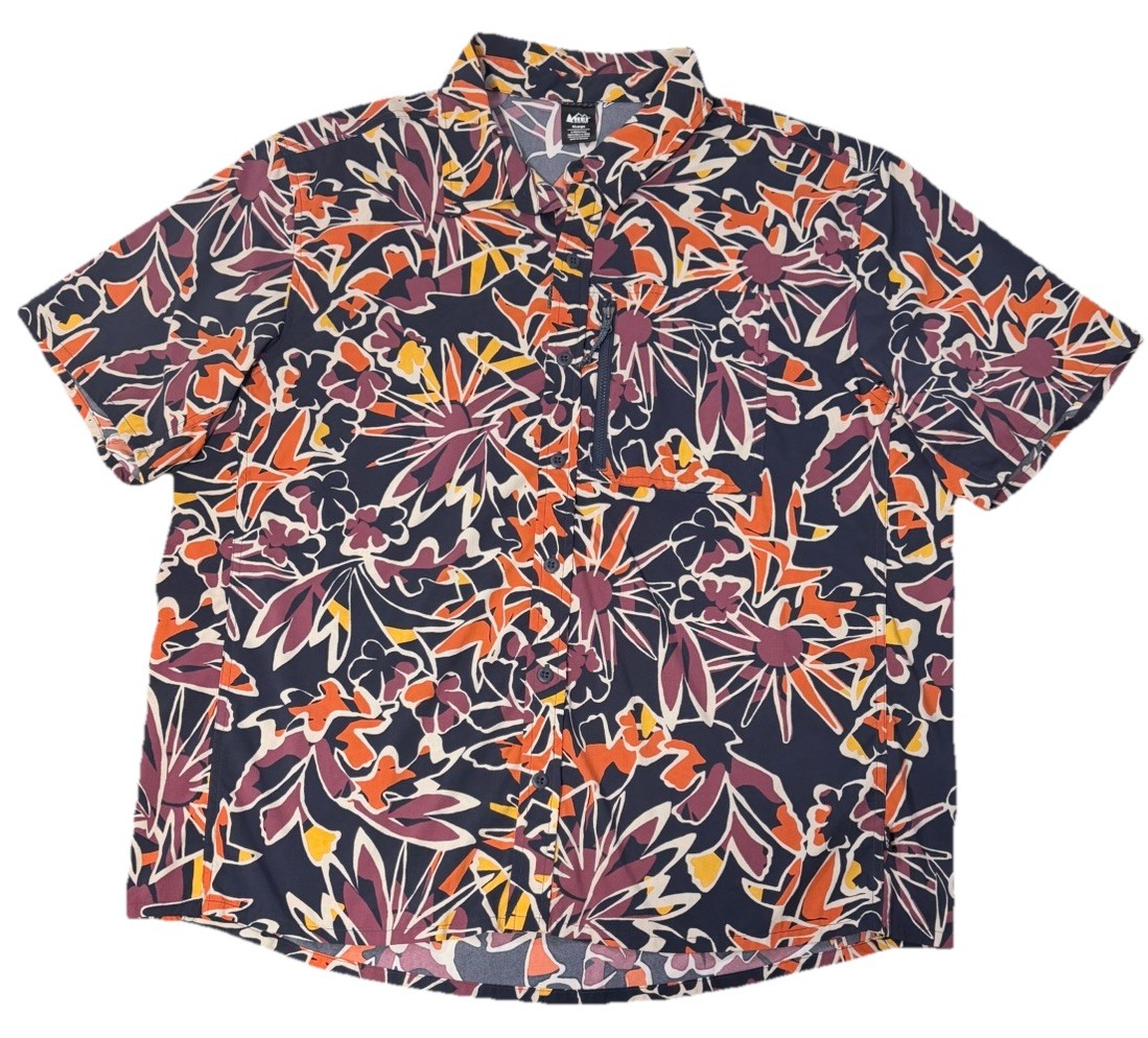 REI Co-op Mens XL Tropical Floral Button Front Hiking Travel Shirt Stretch