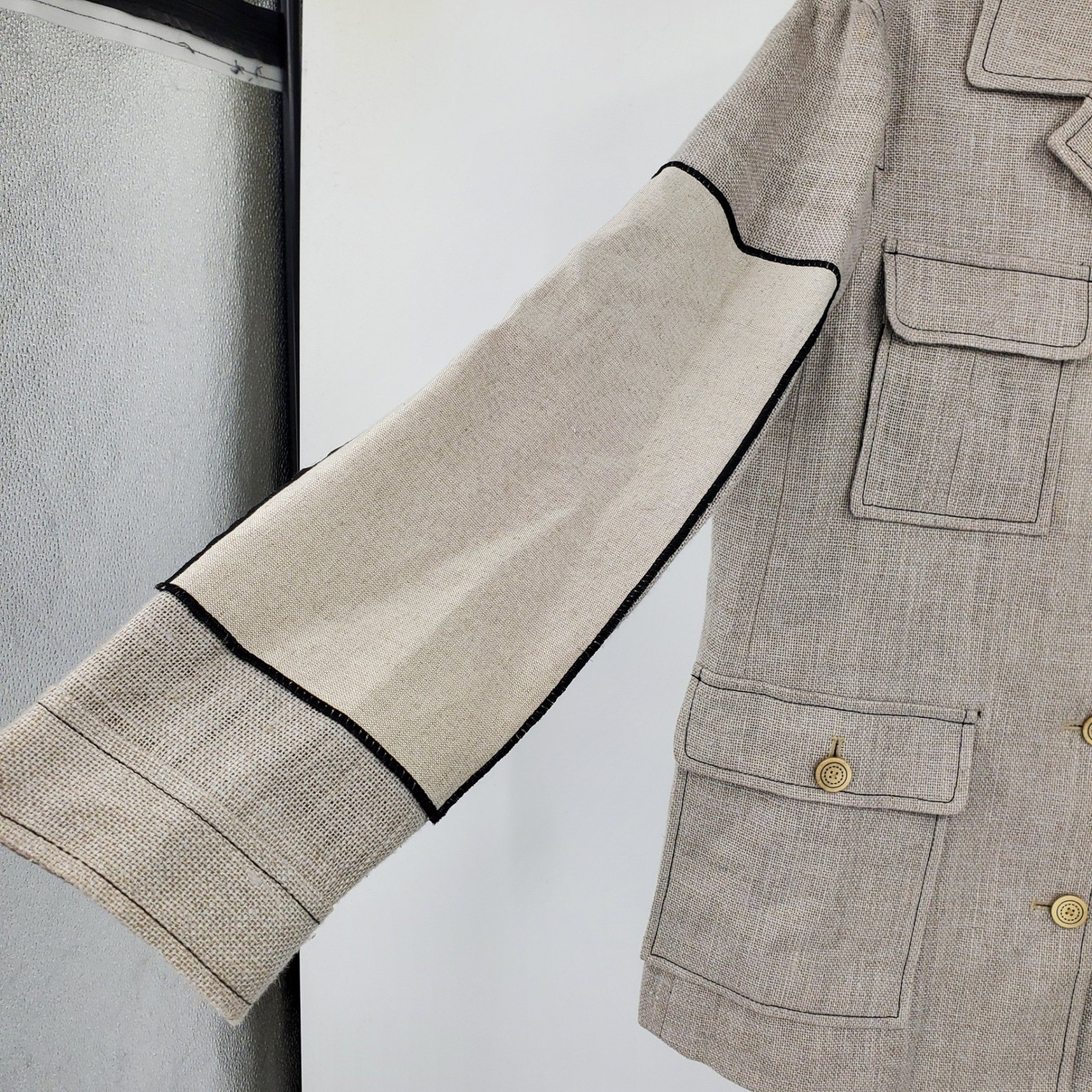 Harve Benard 100% Linen Safari Jacket Tan Contrast Sleeve Utility Blazer Size 10