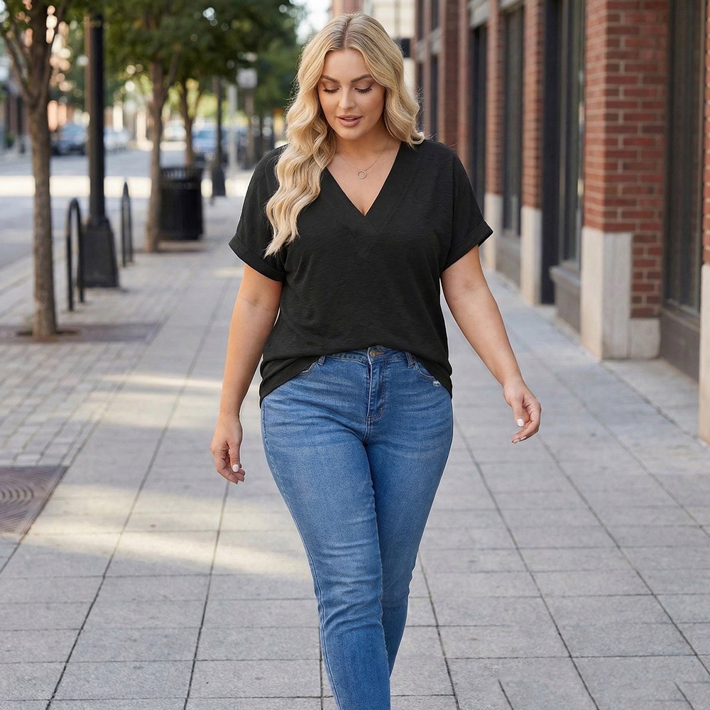 Women’s Plus Size Summer Tops Casual V Neck T Shirts Trendy Short Sleeve Tees