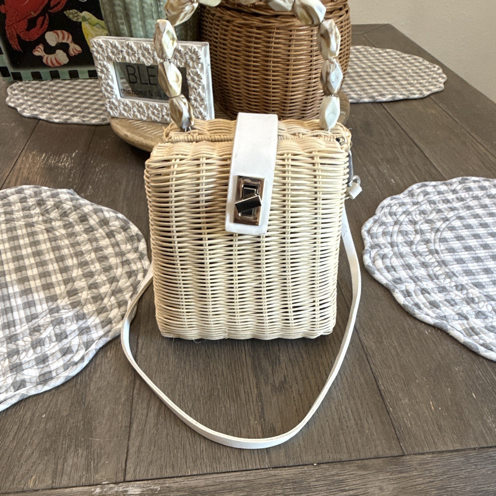 Women’s Beige Woven Wicker Box Top Handle Bag, Turn Lock, Detachable Strap