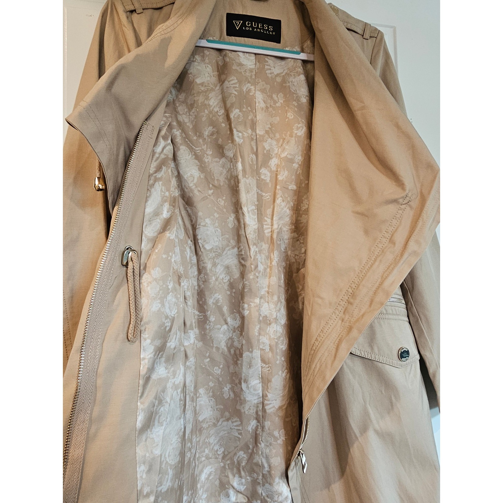 GUESS Los Angeles Womens Tan Draped Trench Jacket Drawstring Waist Beige Coat