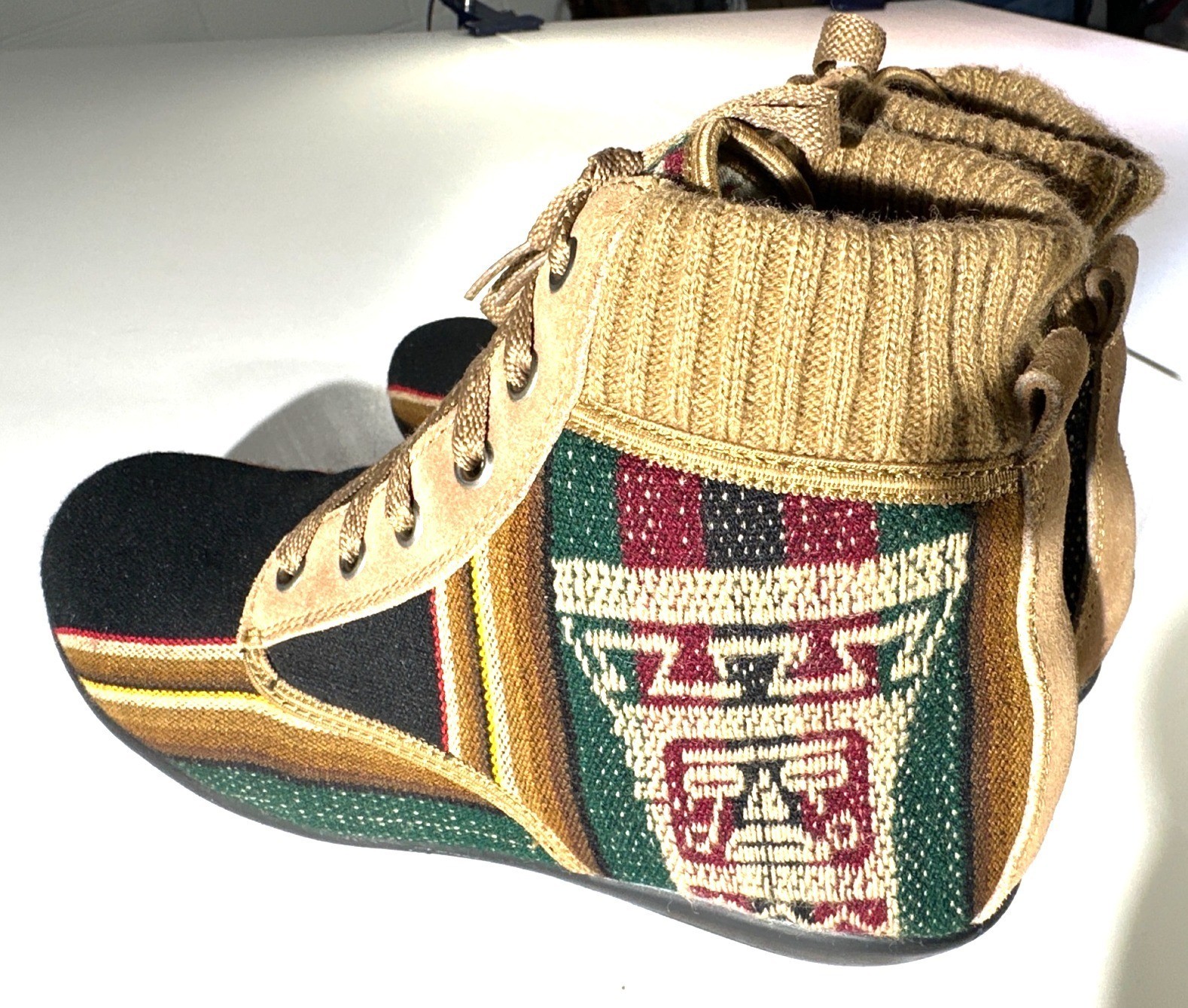 Handmade High-Top Sneakers With Knit Trim & Ethnic Woven Design