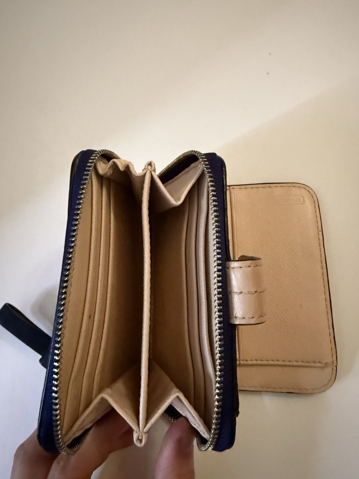 Coach Blue White Beige Logo Pattern Zip-Around Wallet w/ Credit Card Slots