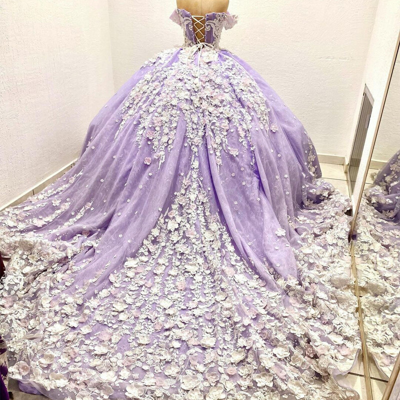 Lavender Quinceanera Dresses Ball Gowns Lace 3D Flowers Applique Sweet Princess