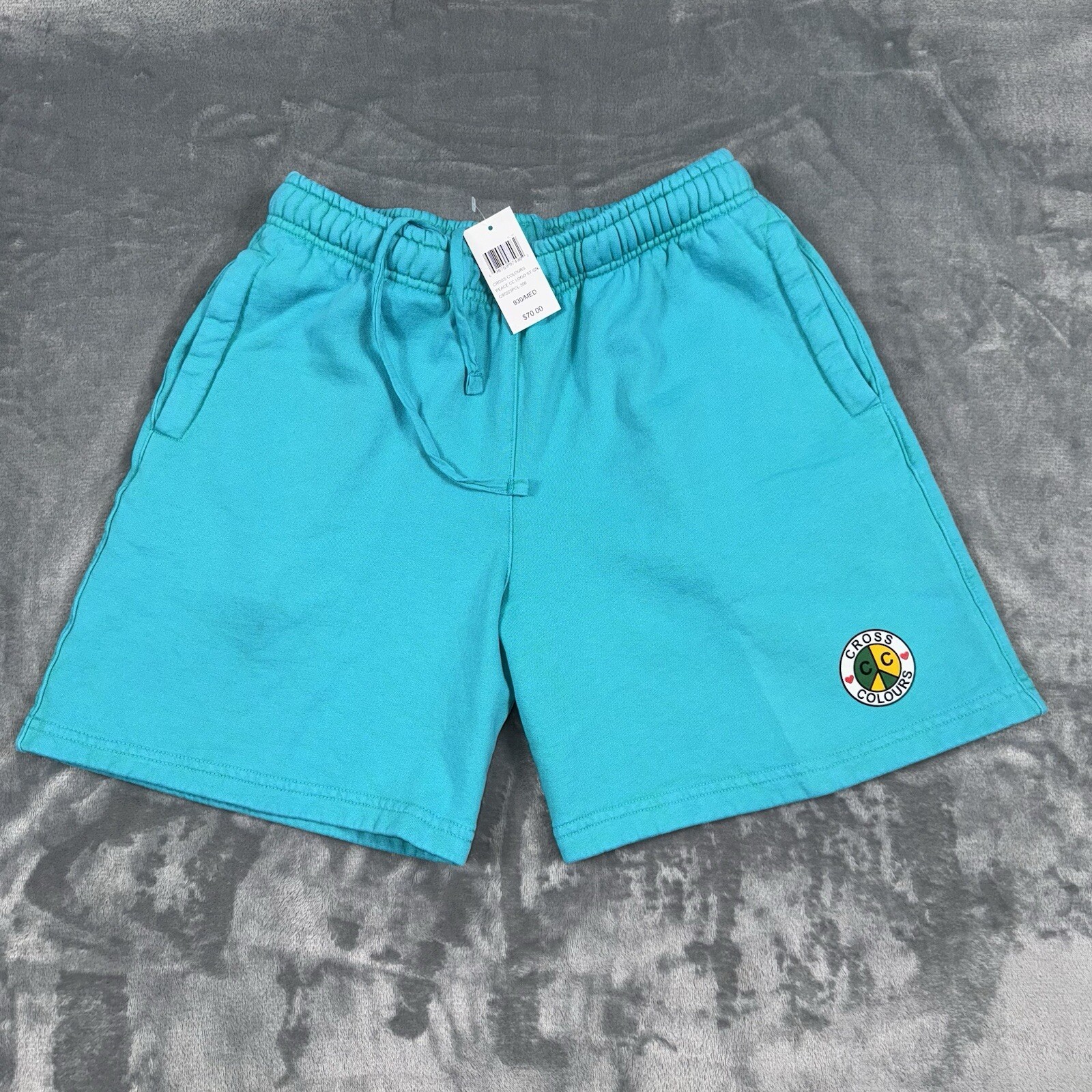Cross Colours Peace Circle Logo Fleece Shorts Turquoise C97223PCL-300 Men’s NWT