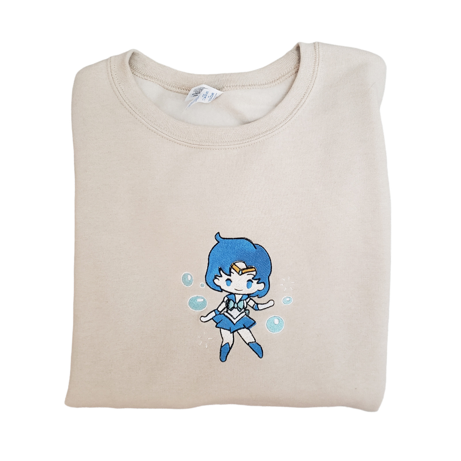 Sailor Mercury Embroidered Crewneck Sweater Beige Size L Kawaii Anime Crystal