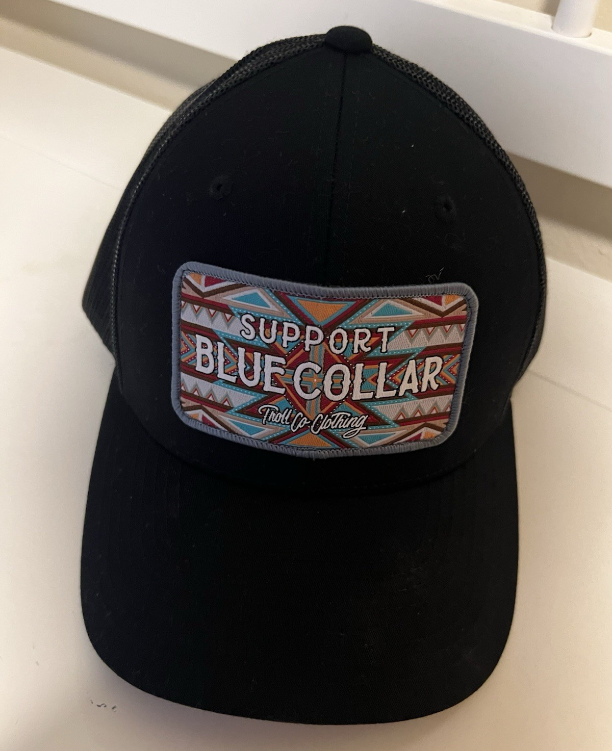 Troll Co. Support Blue Collar Patch Black Mesh Back Trucker Hat Adjustable
