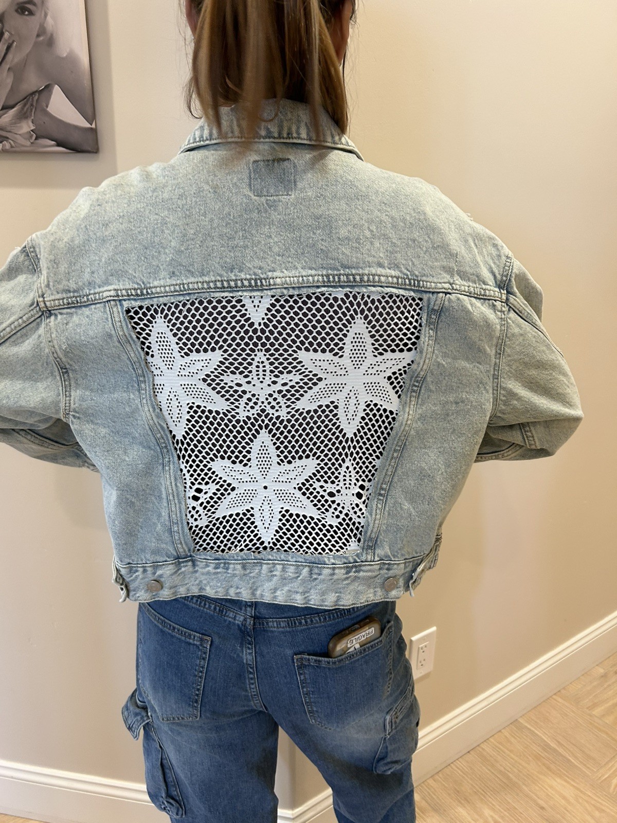 Upcycled Jean Jacket Stone Washed Blue With White crochet Inset Wild Fable Sz L