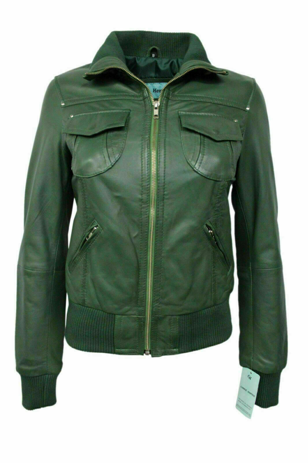 Women’s Genuine Lambskin Leather Green Bomber Jacket Ribbed Collar Coat Jacket