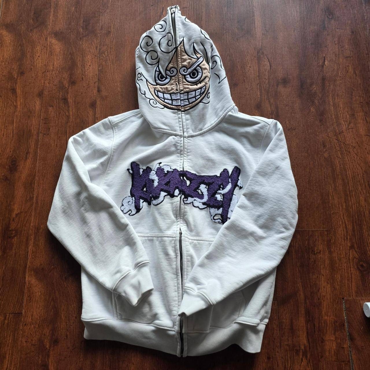 KAZZY Mens Anime Full Zip Hoodie White Purple Embroidery Streetwear Graphic L