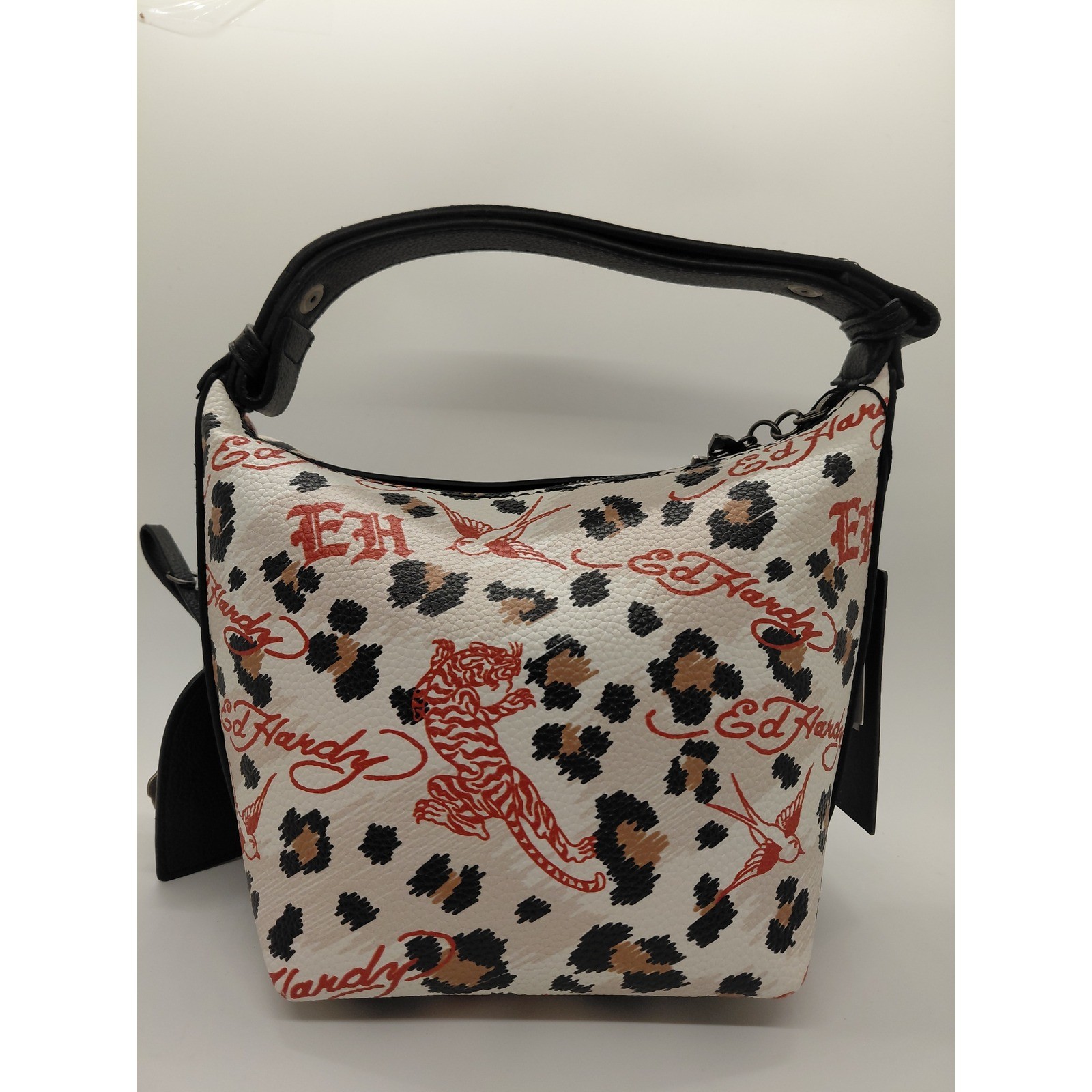 NEW Ed Hardy Leopard Print Tattoo Graphic Rhinestone Shoulder Bag With Charms