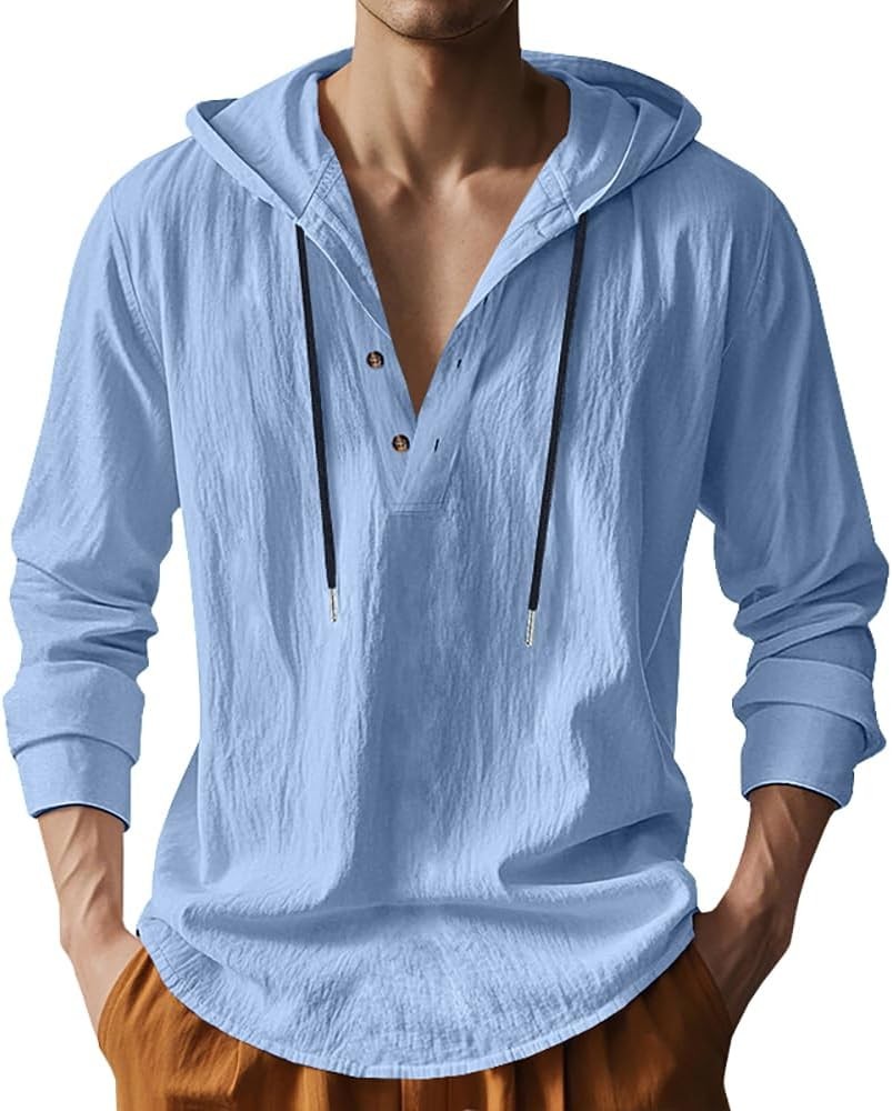 Men Cotton Linen Hoodie Shirt Long Sleeve Button Down Casual Hawaiian Beach Yoga