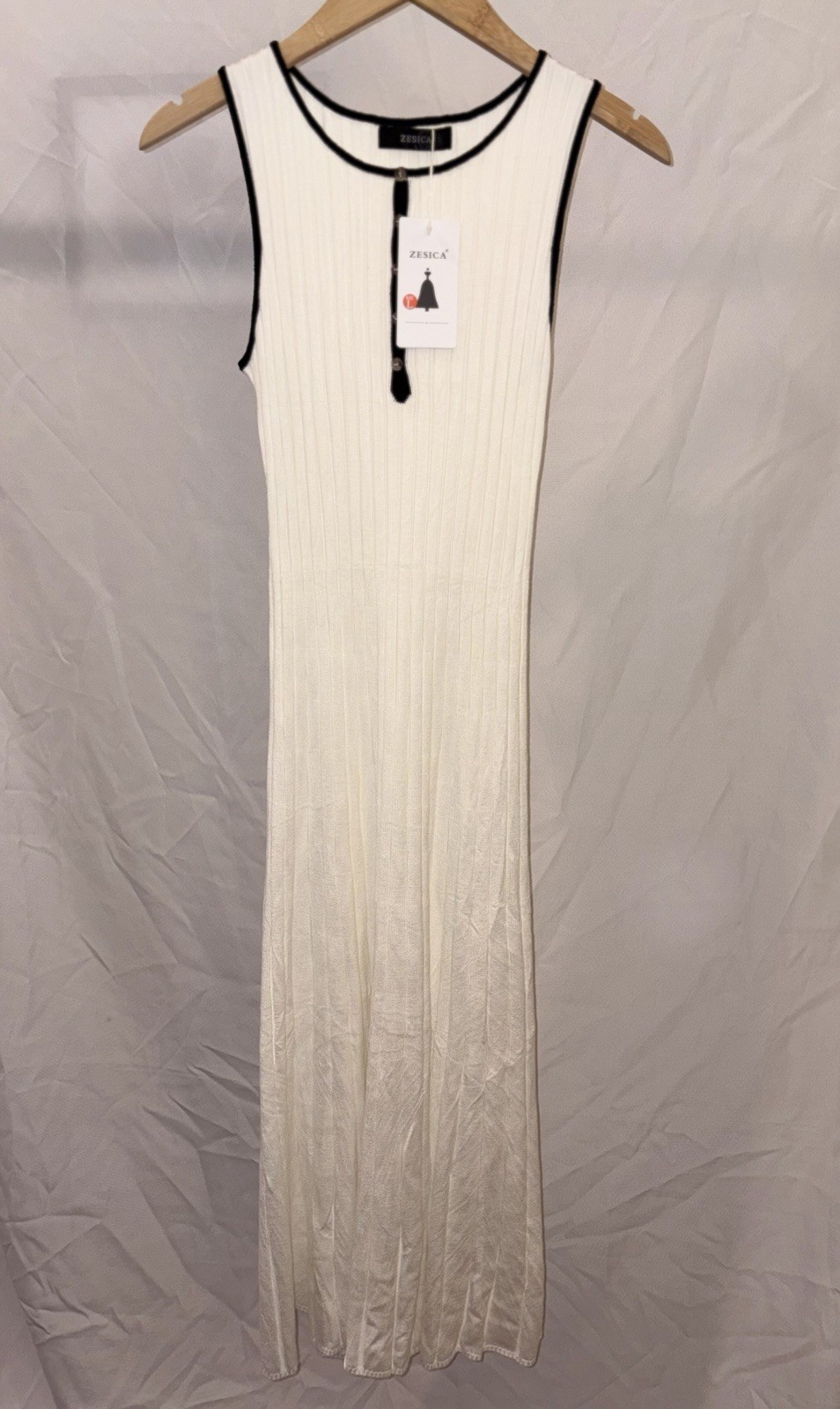 Zesica Ivory Ribbed Knit Button Maxi Dress Black Contrast Trim Size L NWT