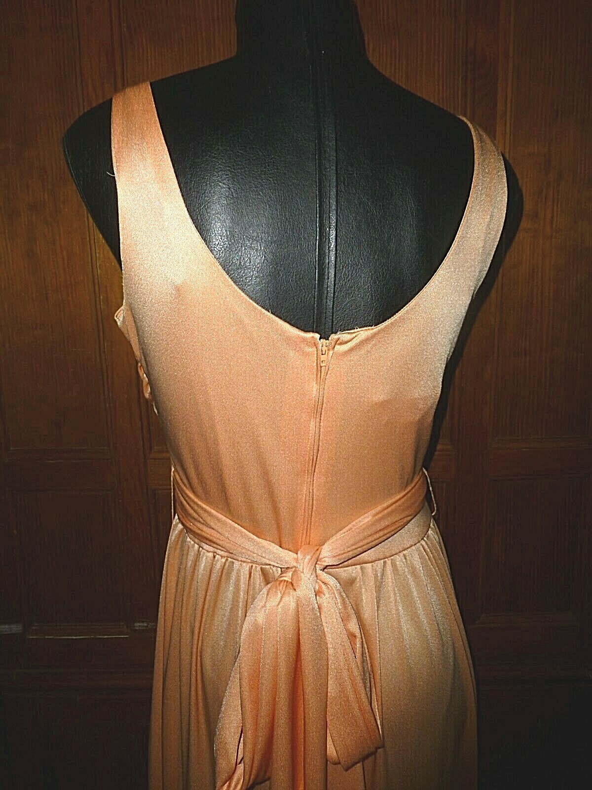 Vtg 70s Peach Silky Jersey Knit Grecian Boho Cocktail Evening Wedding maxi Dress