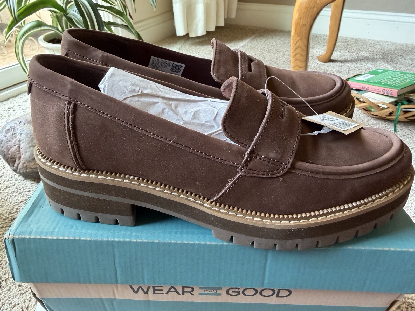 TOMS Cara Brown Leather Slip-On Loafer Round Toe US 8.5 M 10019025
