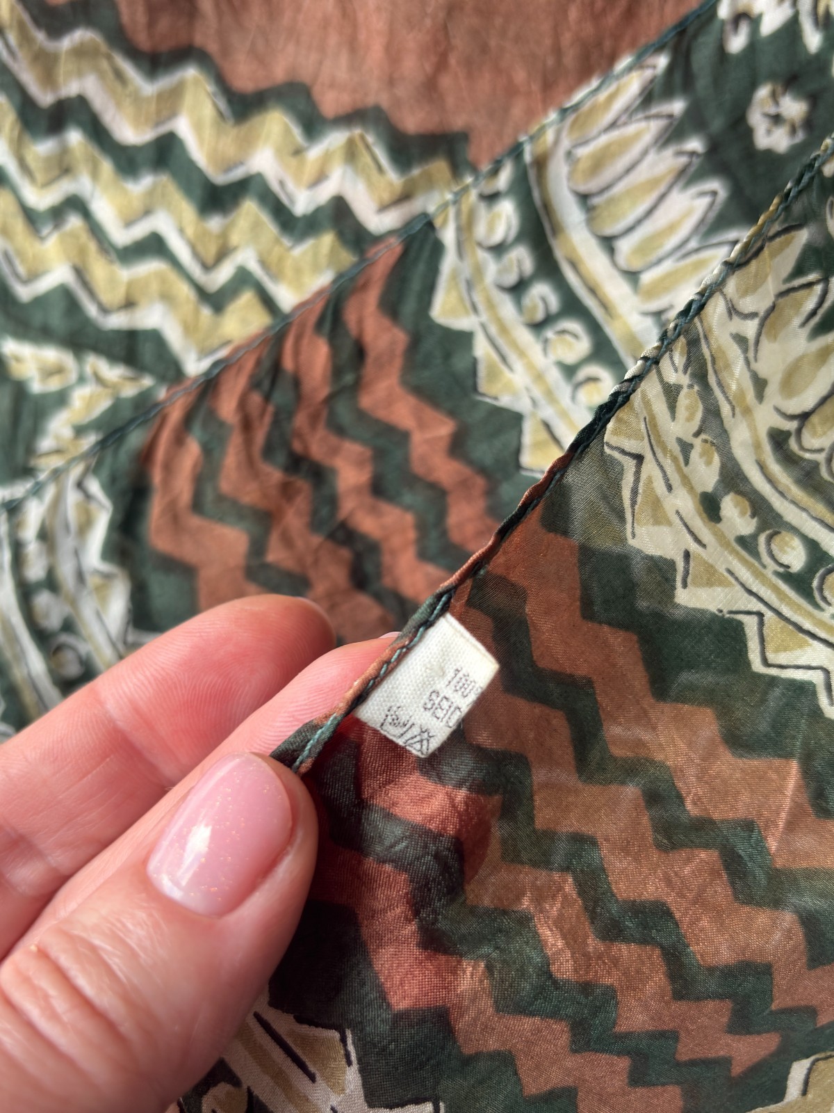 Vintage Silk Scarf Green Abstract Boho Ethnic Floral Designer Luxury Wrap, 34