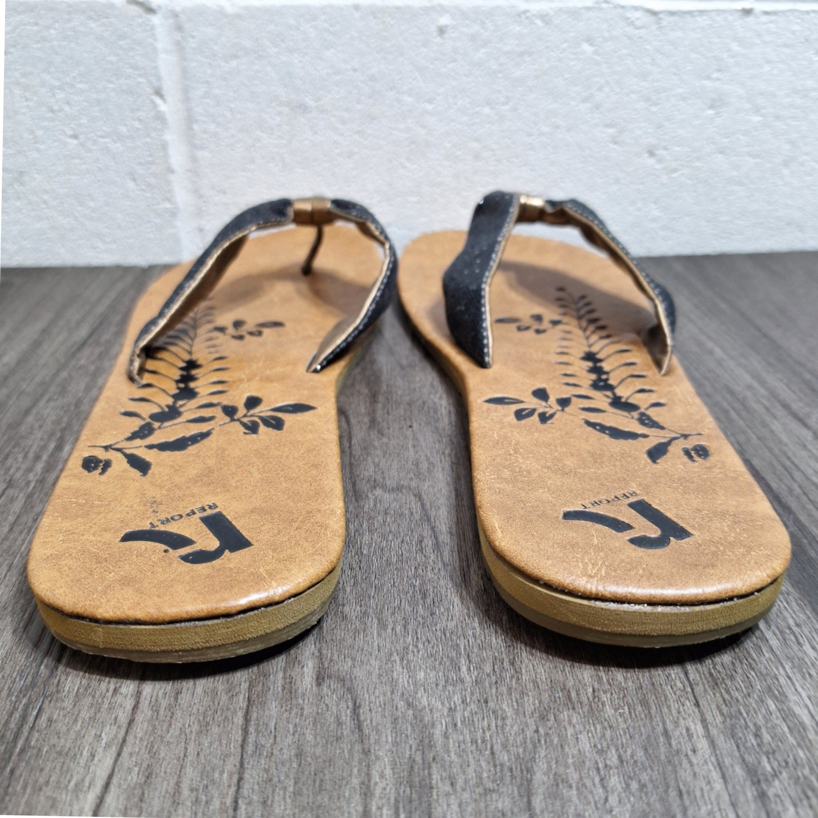 Report Ebben Womens 9 Flip Flop Sandals Black Glitter Gold Knot Tan Floral Flat