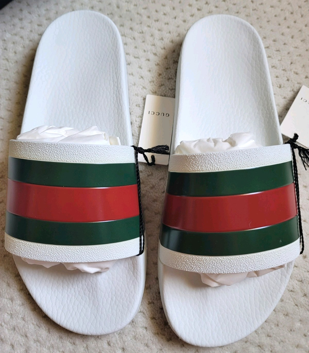 NIB GUCCI Pursuit Stripes White Pool Slides Mens – White Gucci Web, Size US 7