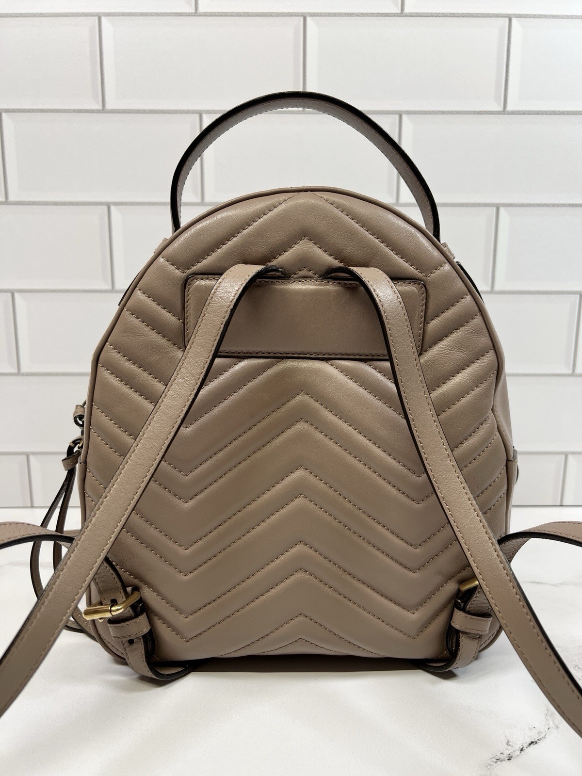 Gucci GG Marmont Calfskin Matelasse Leather Chevron Backpack Purse Bag