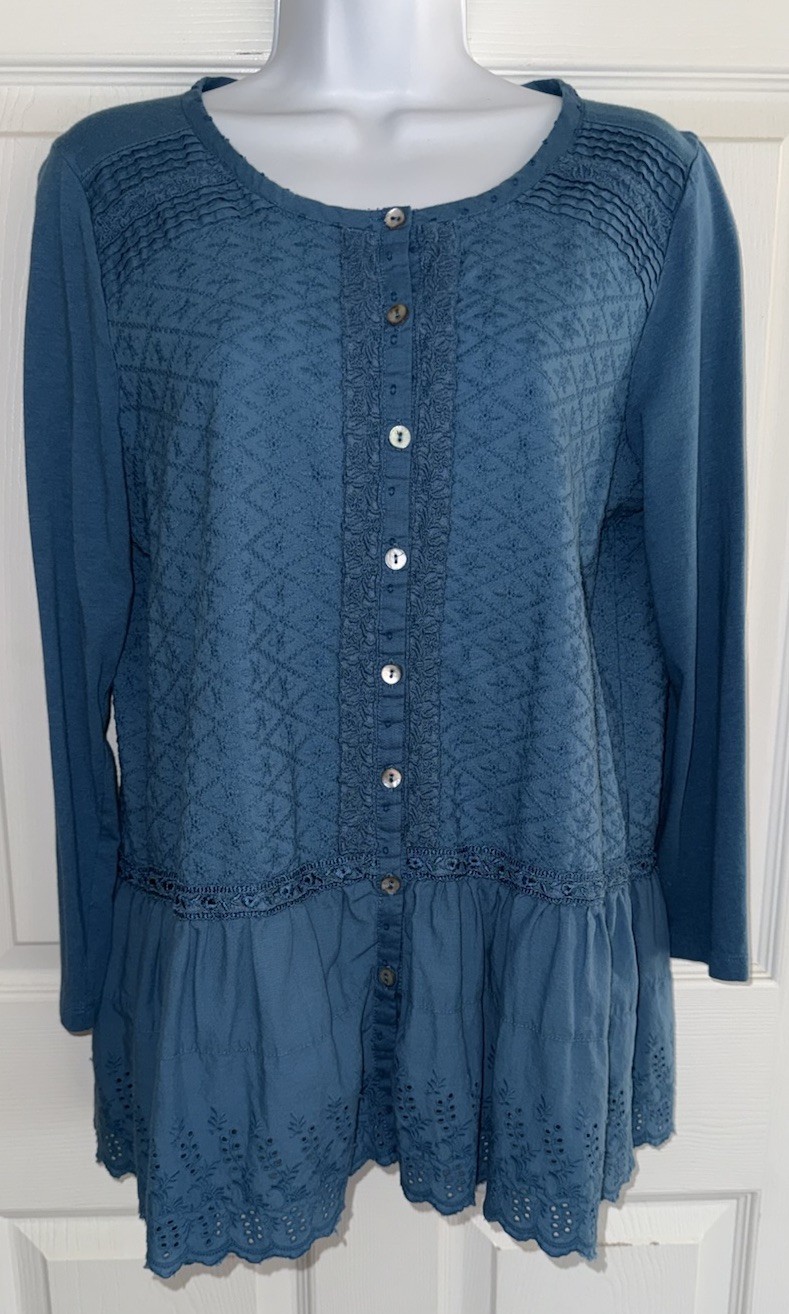 LOGO Lori Goldstein Sz Small Blue Lavish Button Front Woven Eyelet Top EUC