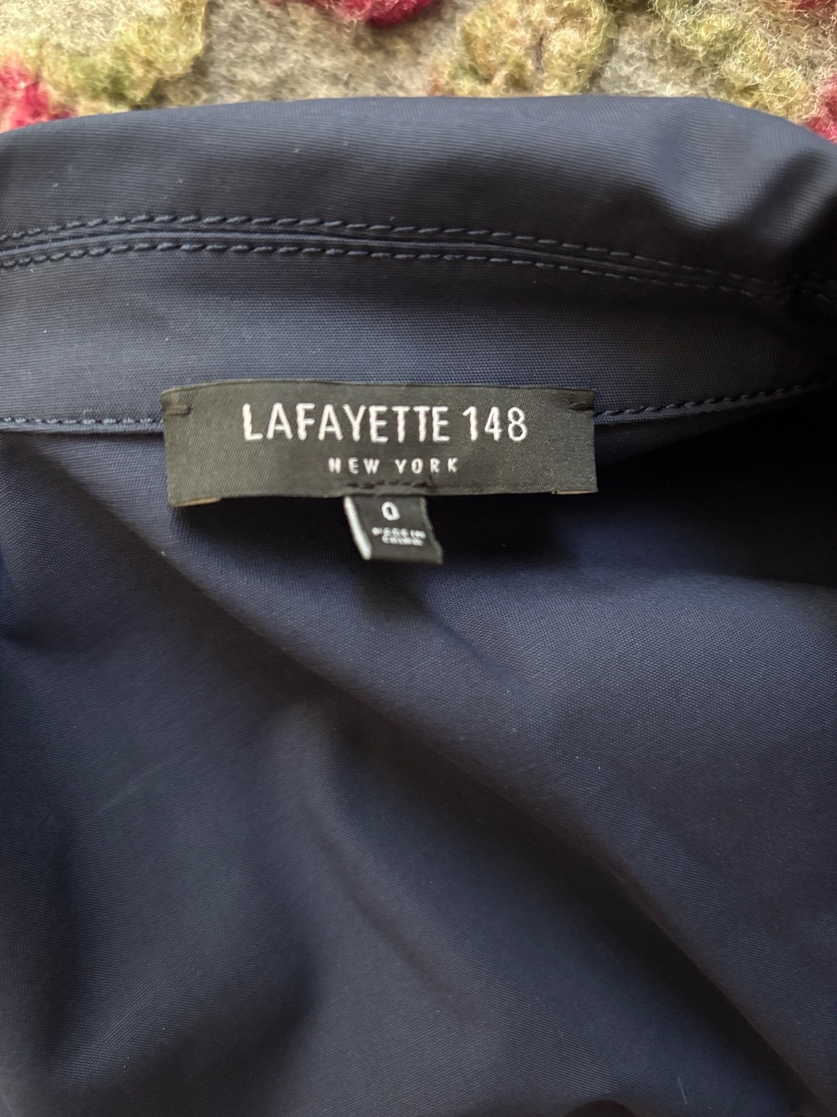 Lafayette 148 New York Navy Shirt Dress Short Sleeve Button Front Tie Waist Sz 0