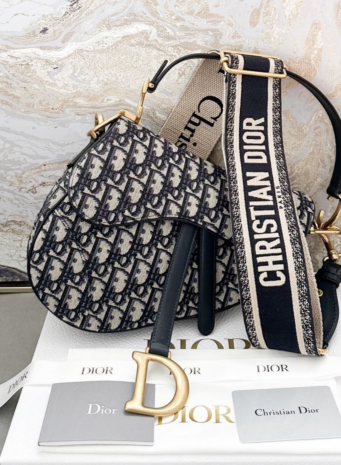 Dior Small Saddle Bag Blue/Beige Monogram, Gold Hardware, Detachable Strap
