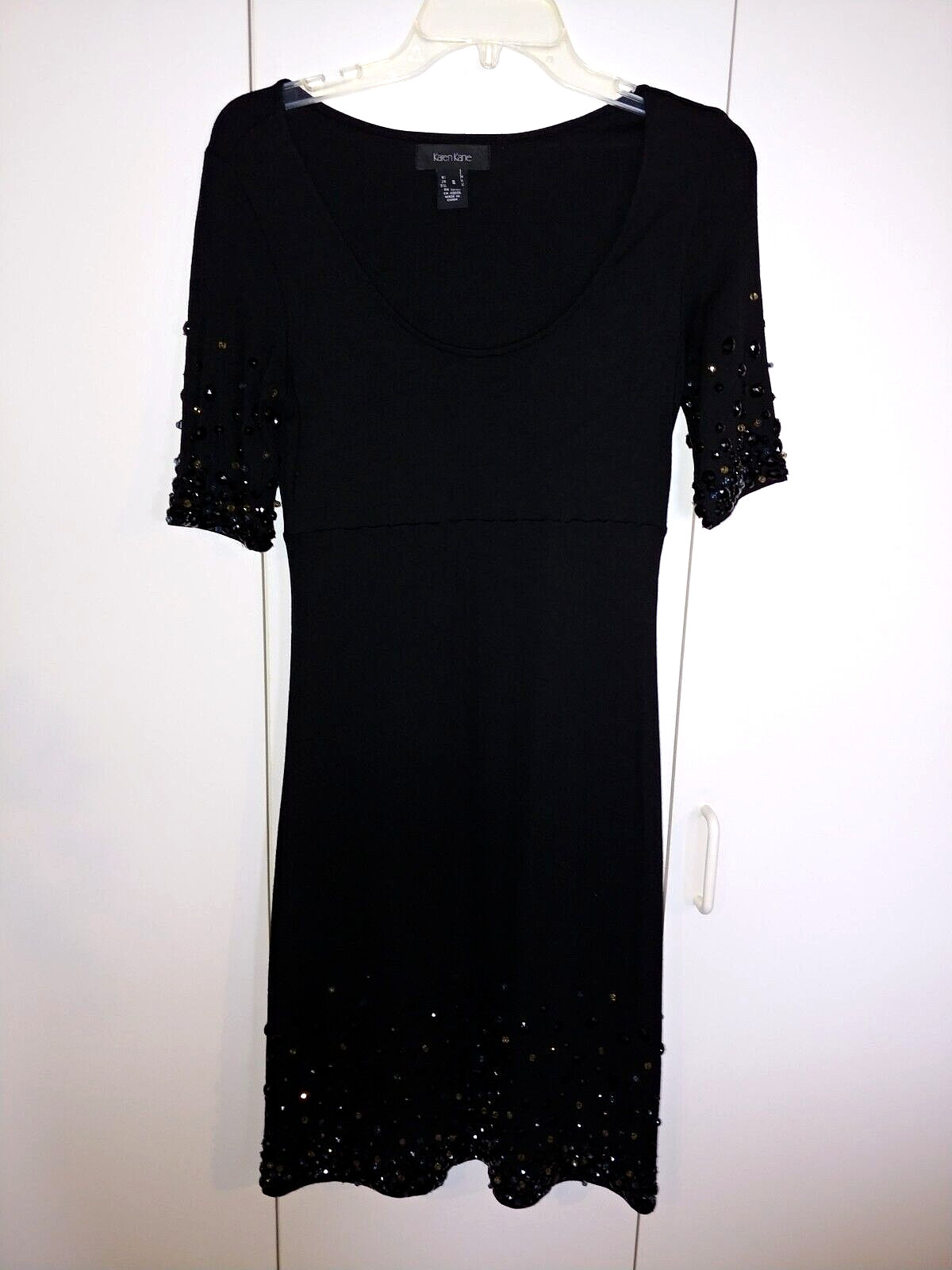 KAREN KANE LADIES SS BLACK KNIT DRESS-S-RAYON/NYLON/SPAN.-BEADED-NWOT-CUTE