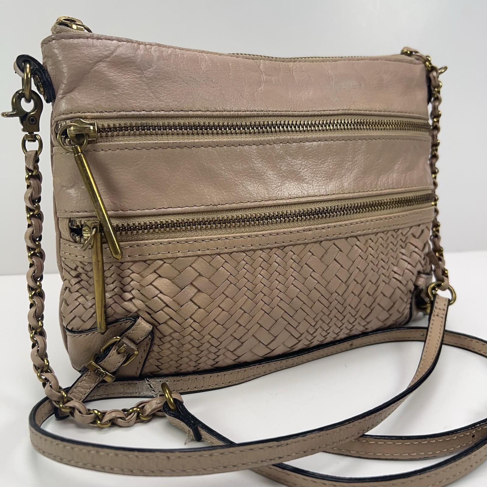 ELLIOTT LUCCA Messina Leather Crossbody Bag 3 Zip Basket Weave Purse Boho Nude