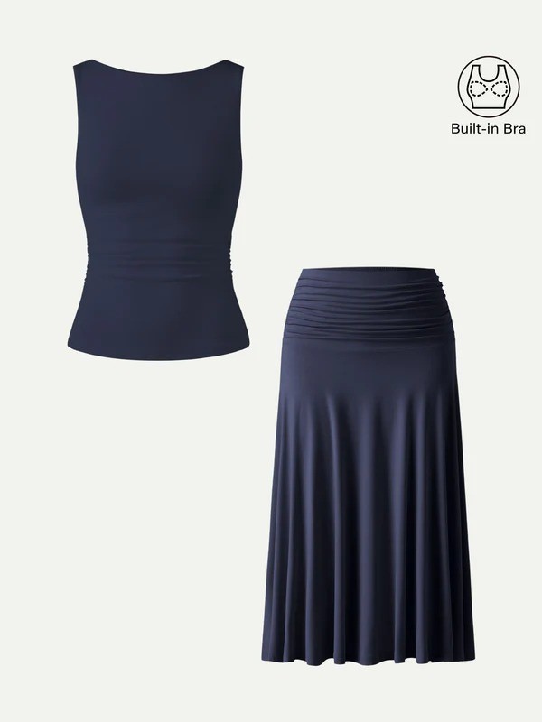 OGL 2Pcs Set Open Back Bra Tank & Side Ruched A-line Midi Skirt – Free SHIPPING!