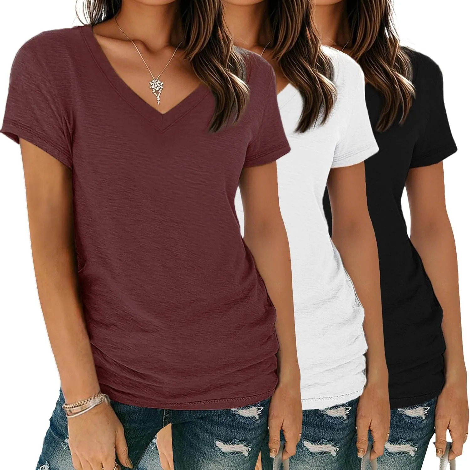 Womens V Neck Short Sleeve Basic T Shirt Loose Fit Casual Summer Tee Top S-XXL
