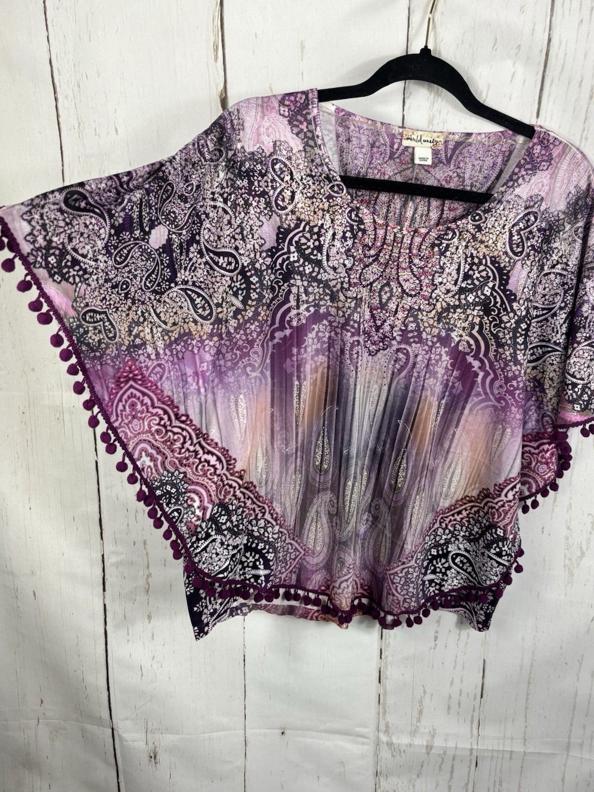 World Unity Pom Pom Purple Blouse Top Rhinestones Batwing Sleeve Sz M