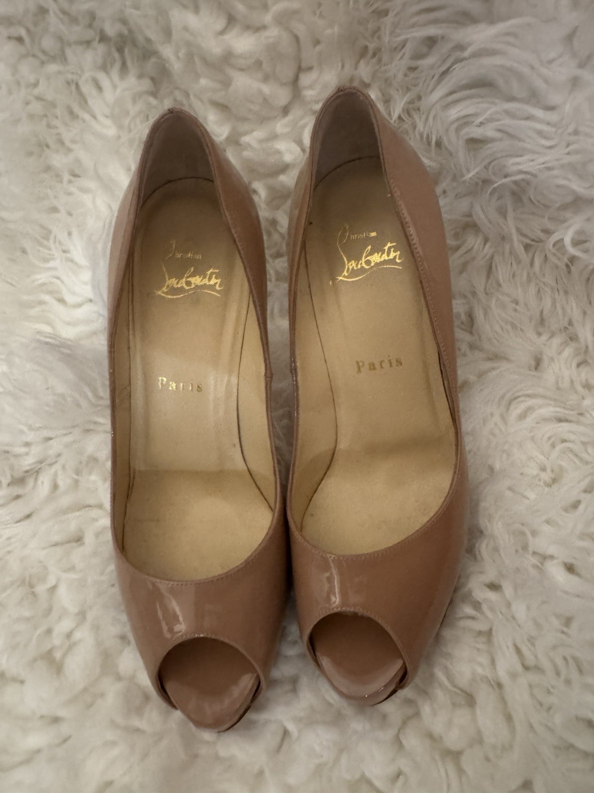Authentic Christian Louboutin Classic Nude Patent Leather Peep Toe Pumps 37.5
