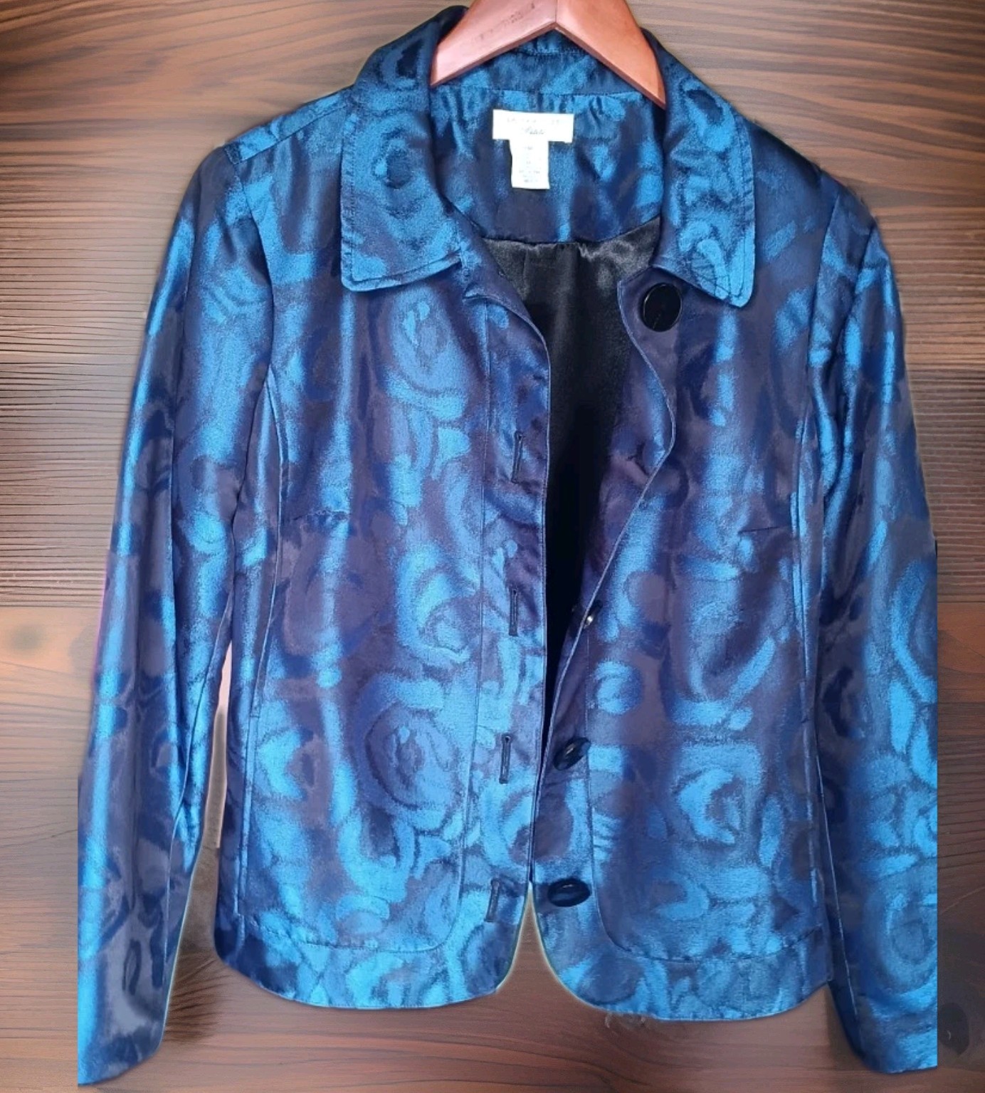 Laura Ashley Blue Floral Petite PM Short Jacket Button Front Lined Long Sleeve