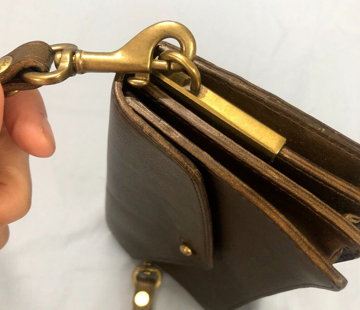 LIANCA CENTRAL Hong Kong BROWN LEATHER Brass Hardware CROSSBODY WALLET CLUTCH