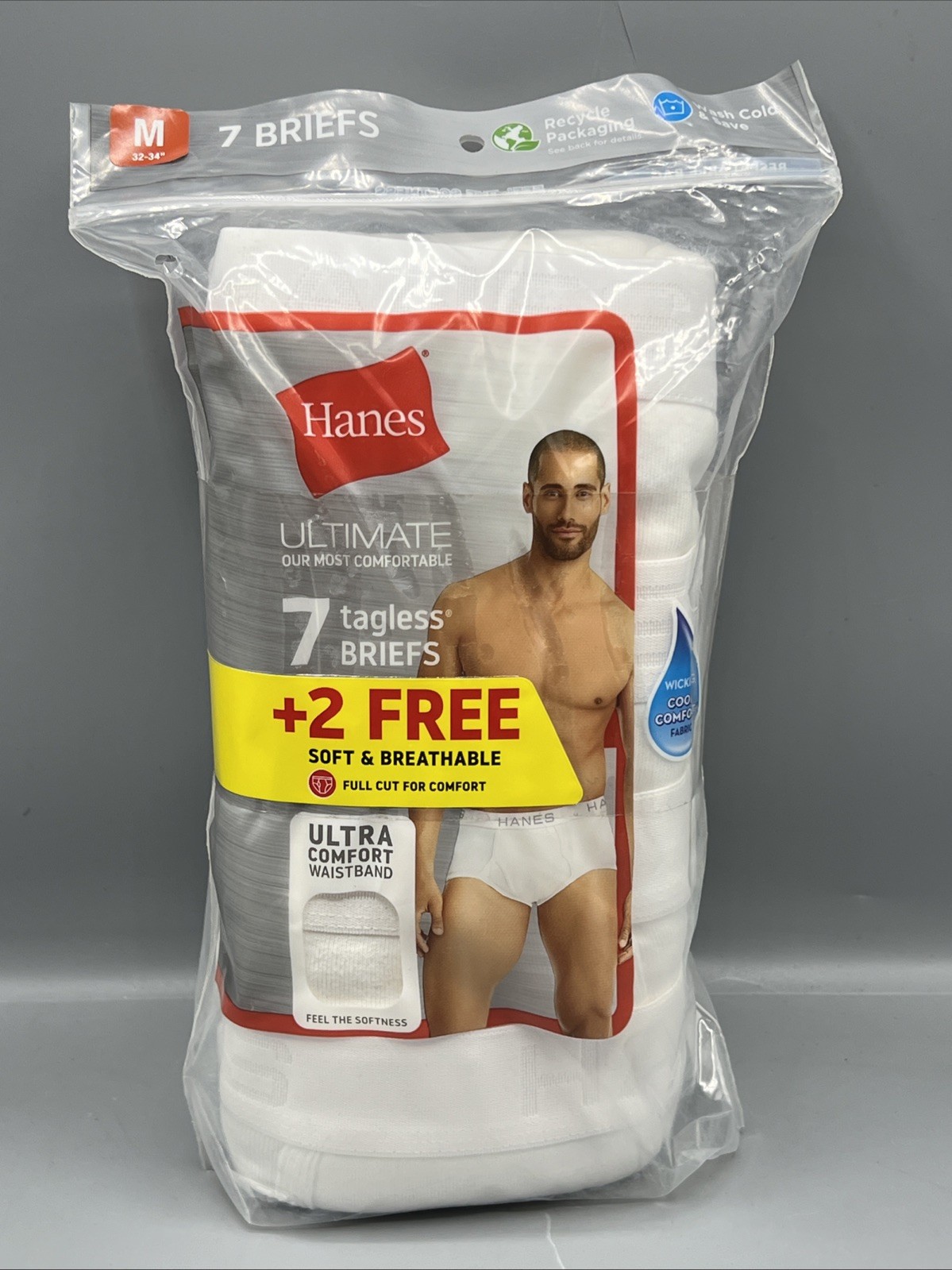 Hanes Ultimate Tagless Brief Comfort Flex Waist 9 Pack Size M 32”-34” White