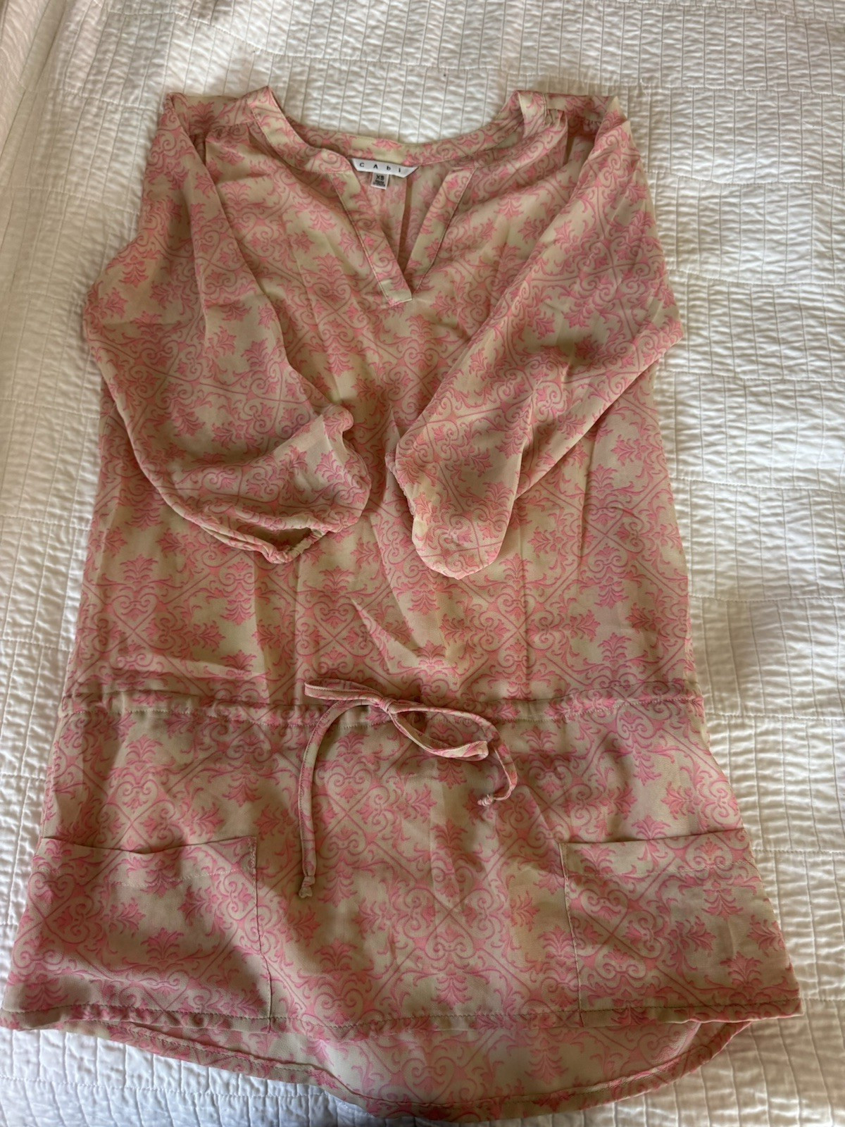 Cabi Women’s Pink/Beige Damask Strapless Sweetheart blouse XS Tie