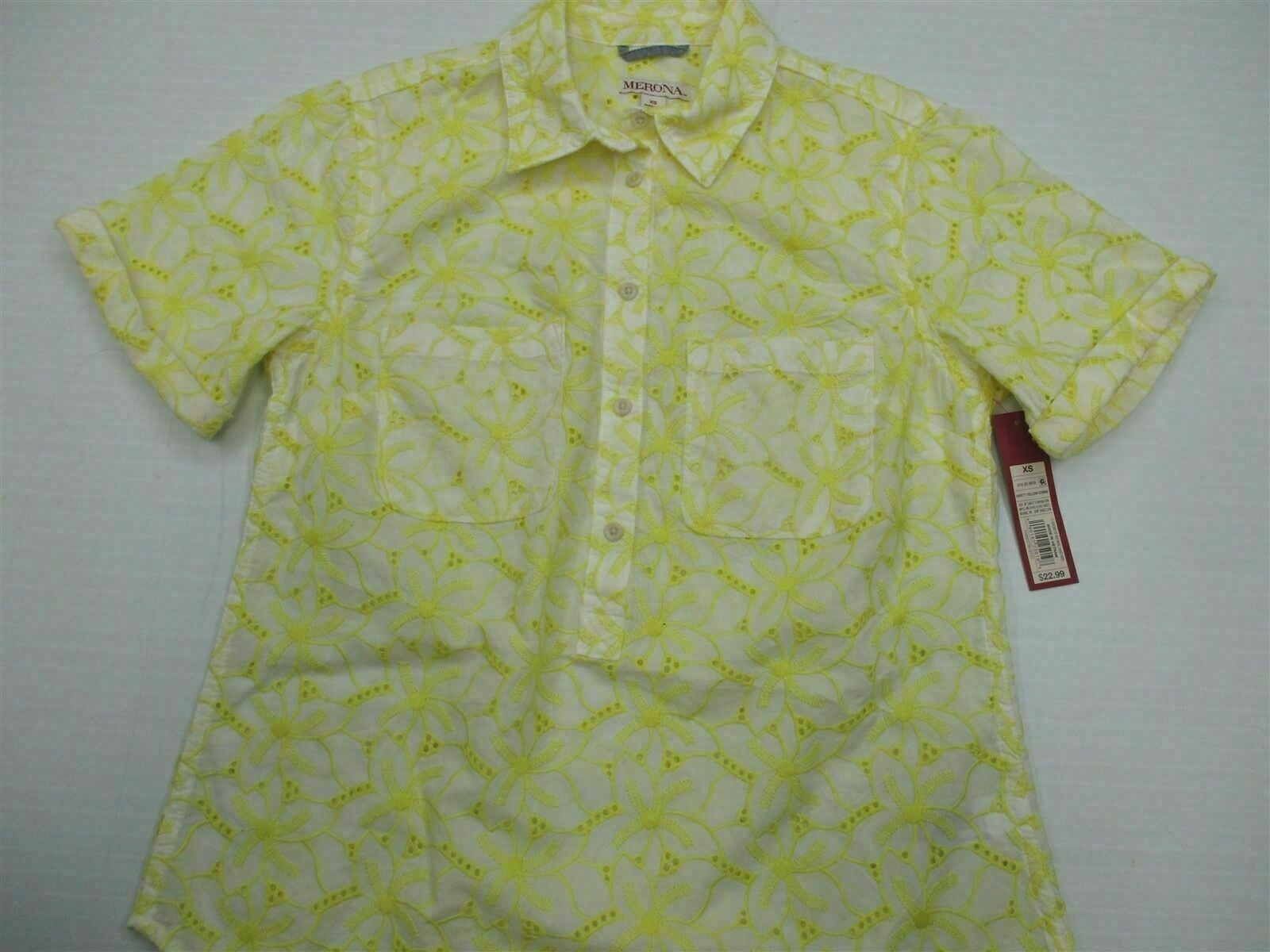 new MERONA #T8223 Women’s Size XS 100% Cotton Floral Tropical Yellow Dress Shirt