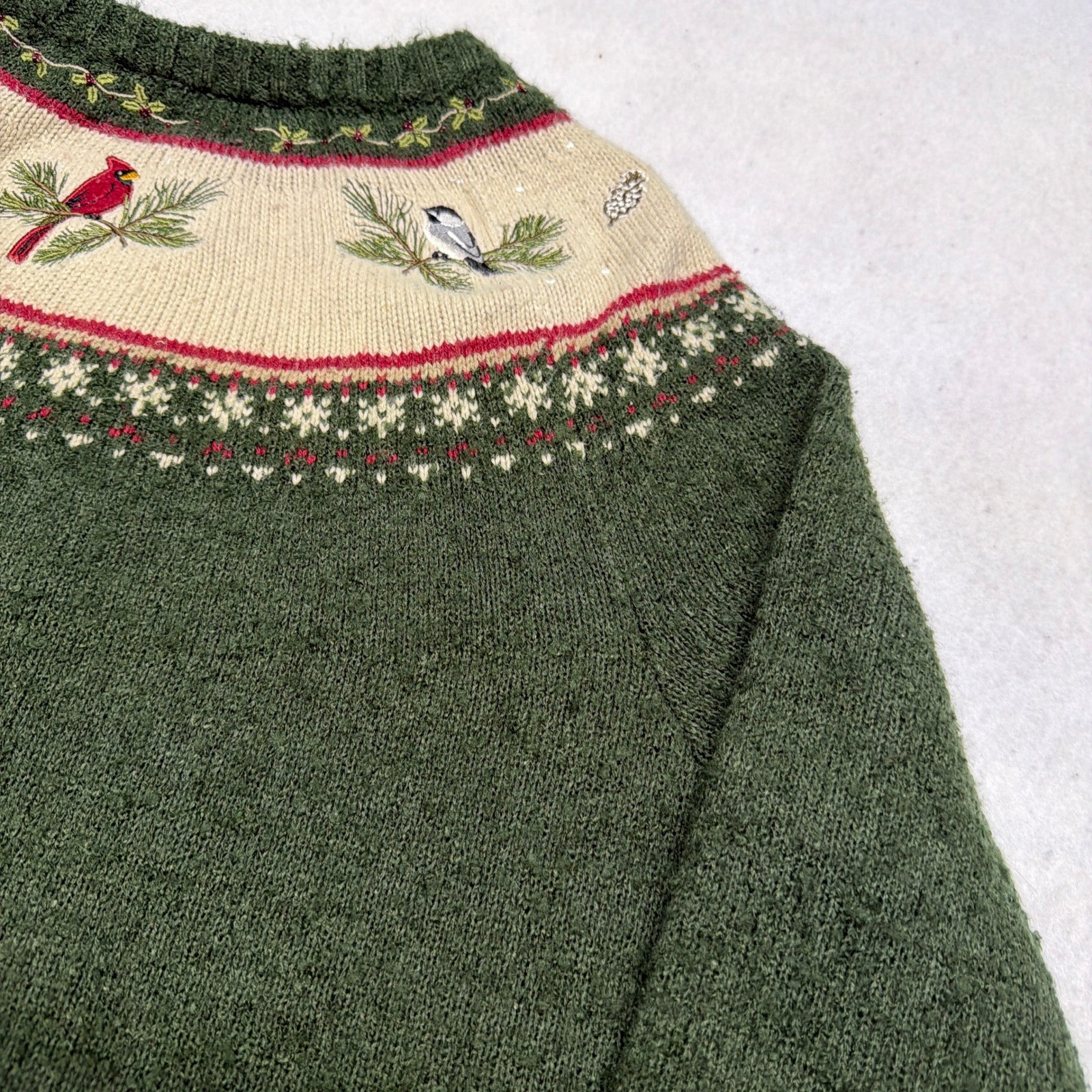 Vintage Croft & Barrow Silk Wool Fair Isle Bird Embroidered Knit Sweater Large