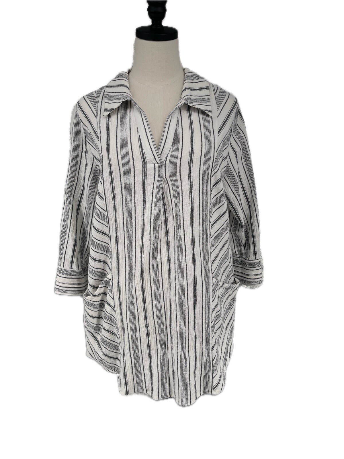 Soft Surroundings White/Black Striped Collared V-Neck Tunic Top Shirt Boho L