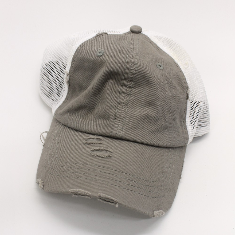 Factory distressed grey cotton white mesh ponytail cap by KBETHOS