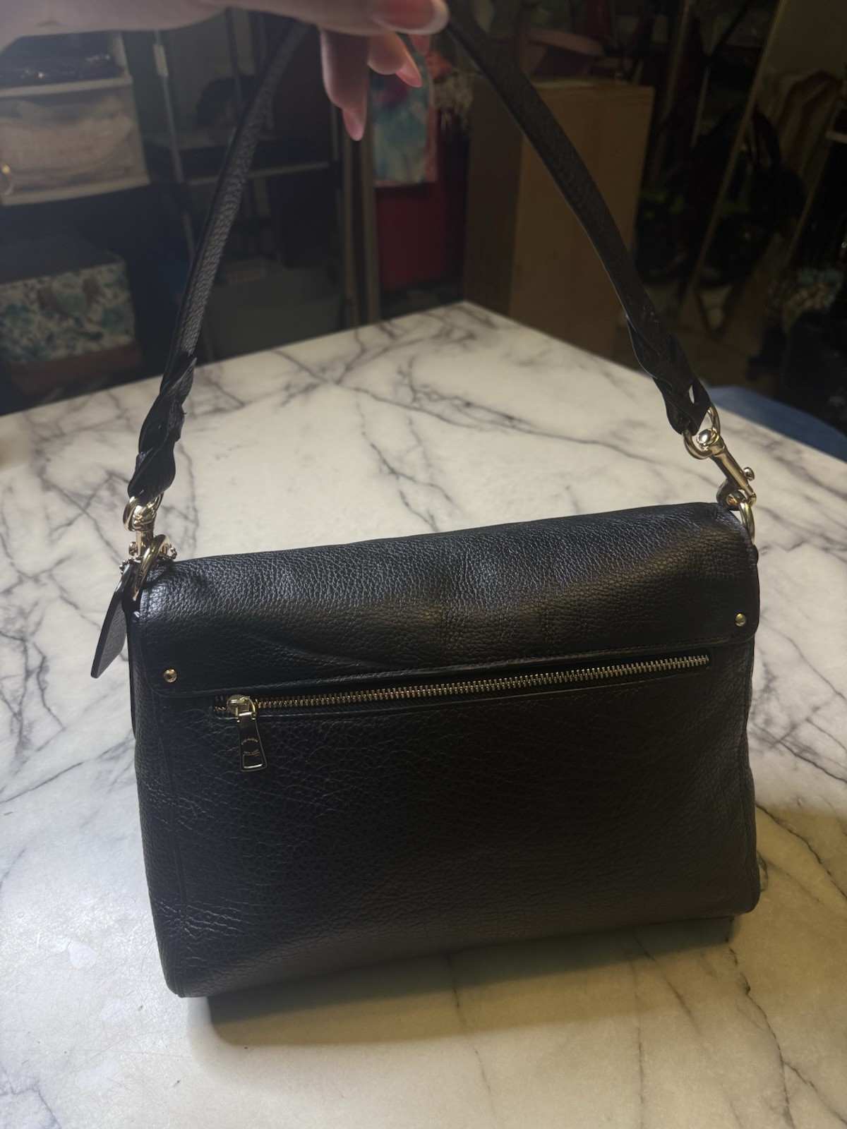 Coach Black Pebbled Shoulder Bag Turn Lock, Horse Carriage, Gold Hardware
