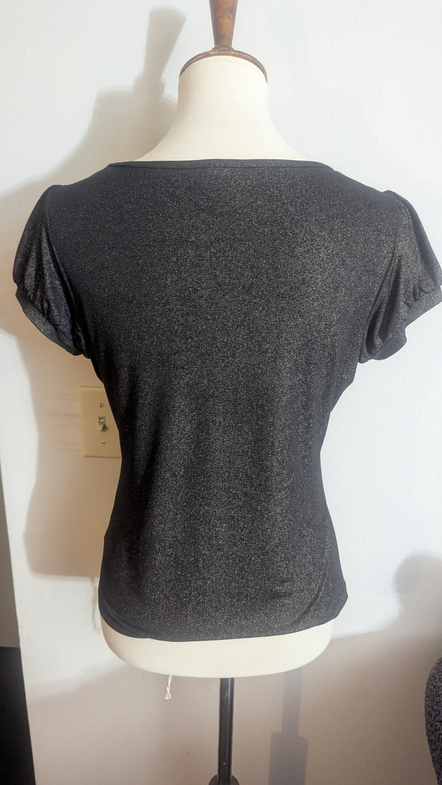 Worthington Black Metallic Shimmer Top Puff Cap Sleeve Sparkle Blouse Womens PM