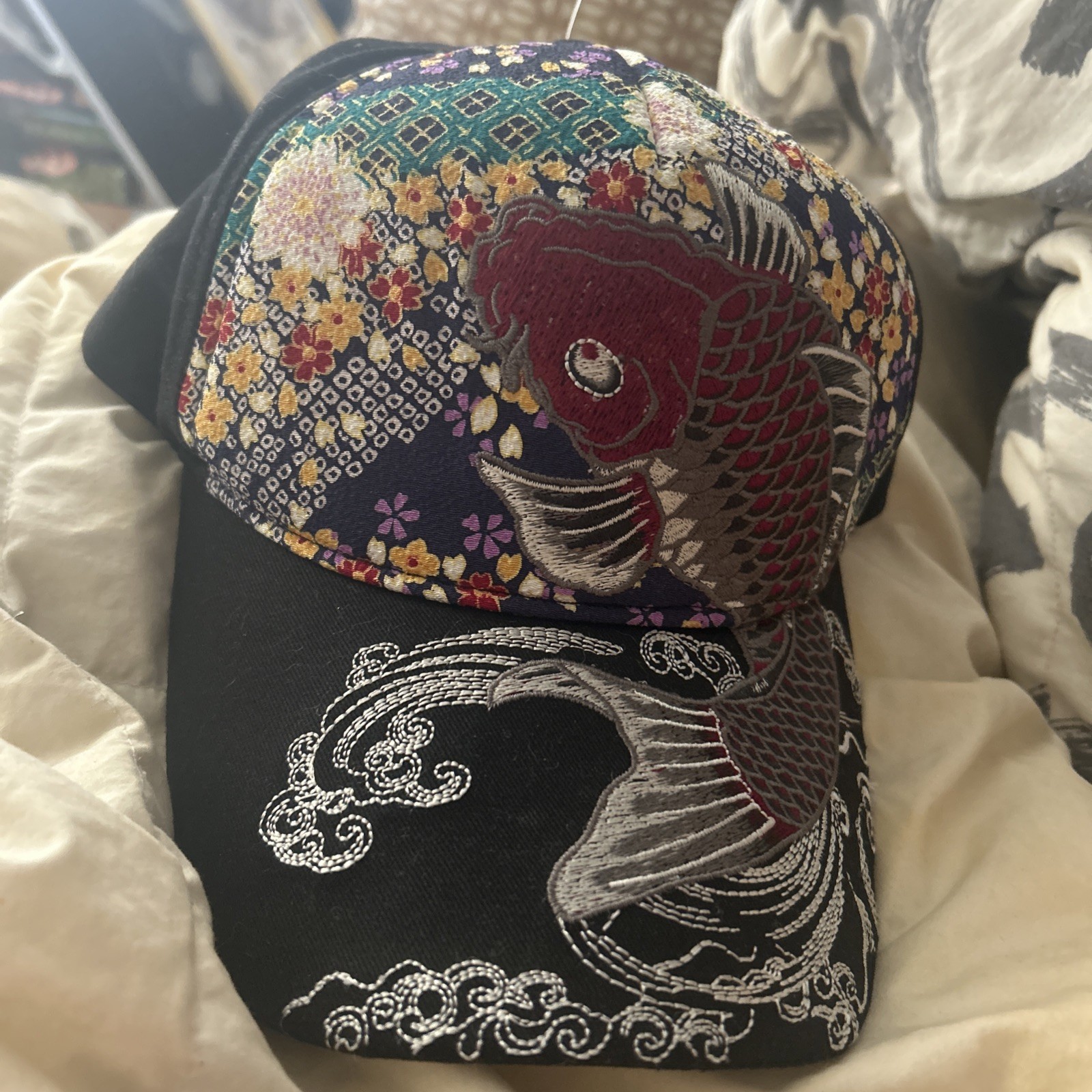 Ripple Cotton Baseball Cap Japanese Embroidered Pattern Red Koi Carp Black NEW