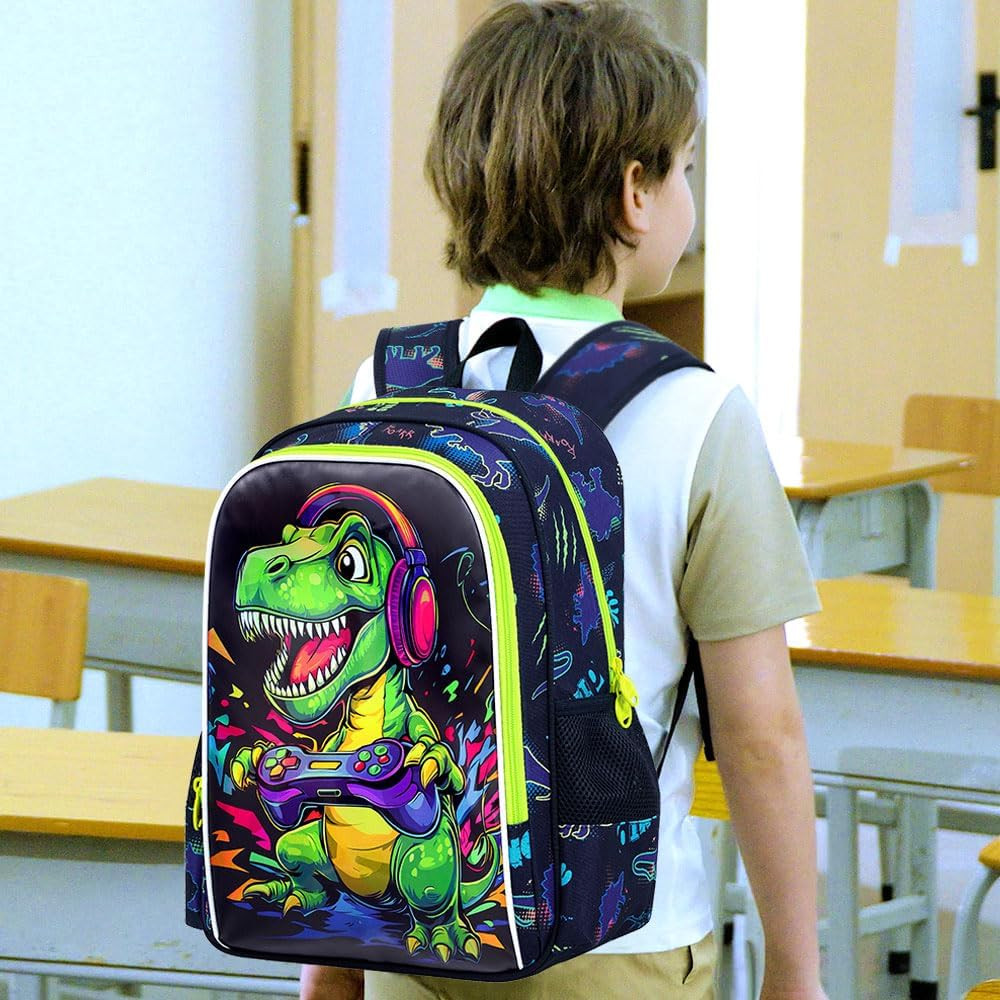 3PCS Boys Dinosaur Play Game Backpack Set, Water Resistant 16″ Kids Preschool Bo