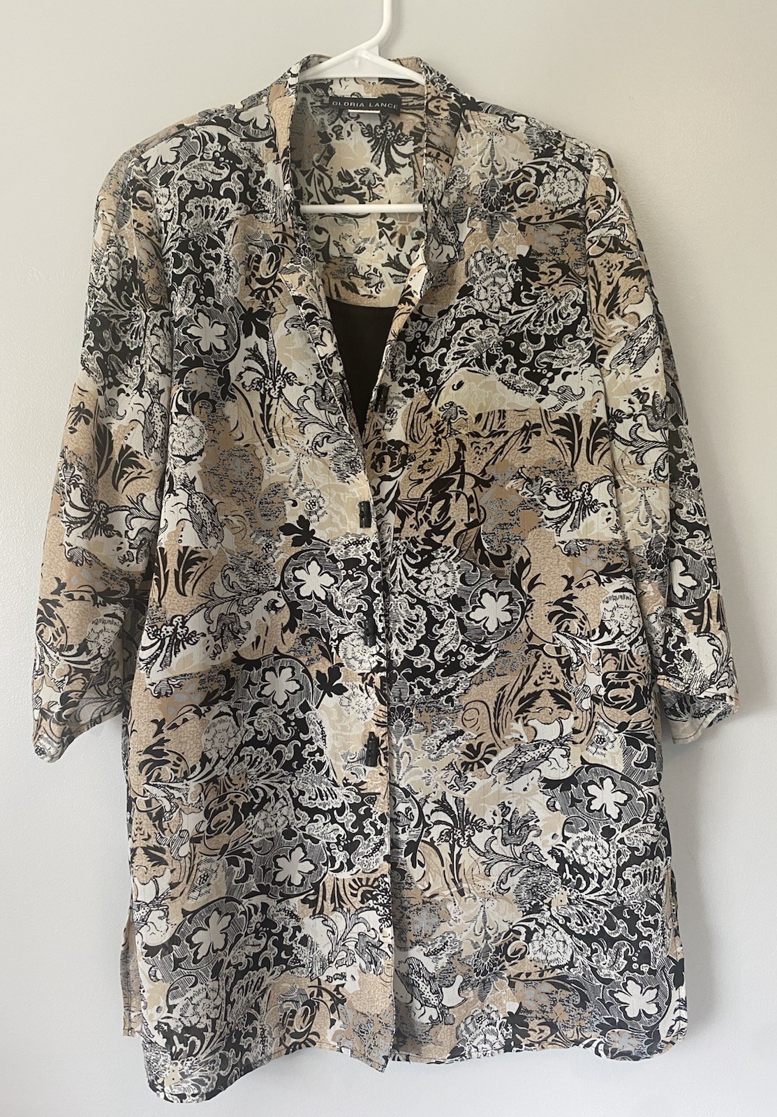 Gloria Lance Blouse With Cami Medium Black Tan White Floral Shoulder Pads VTG